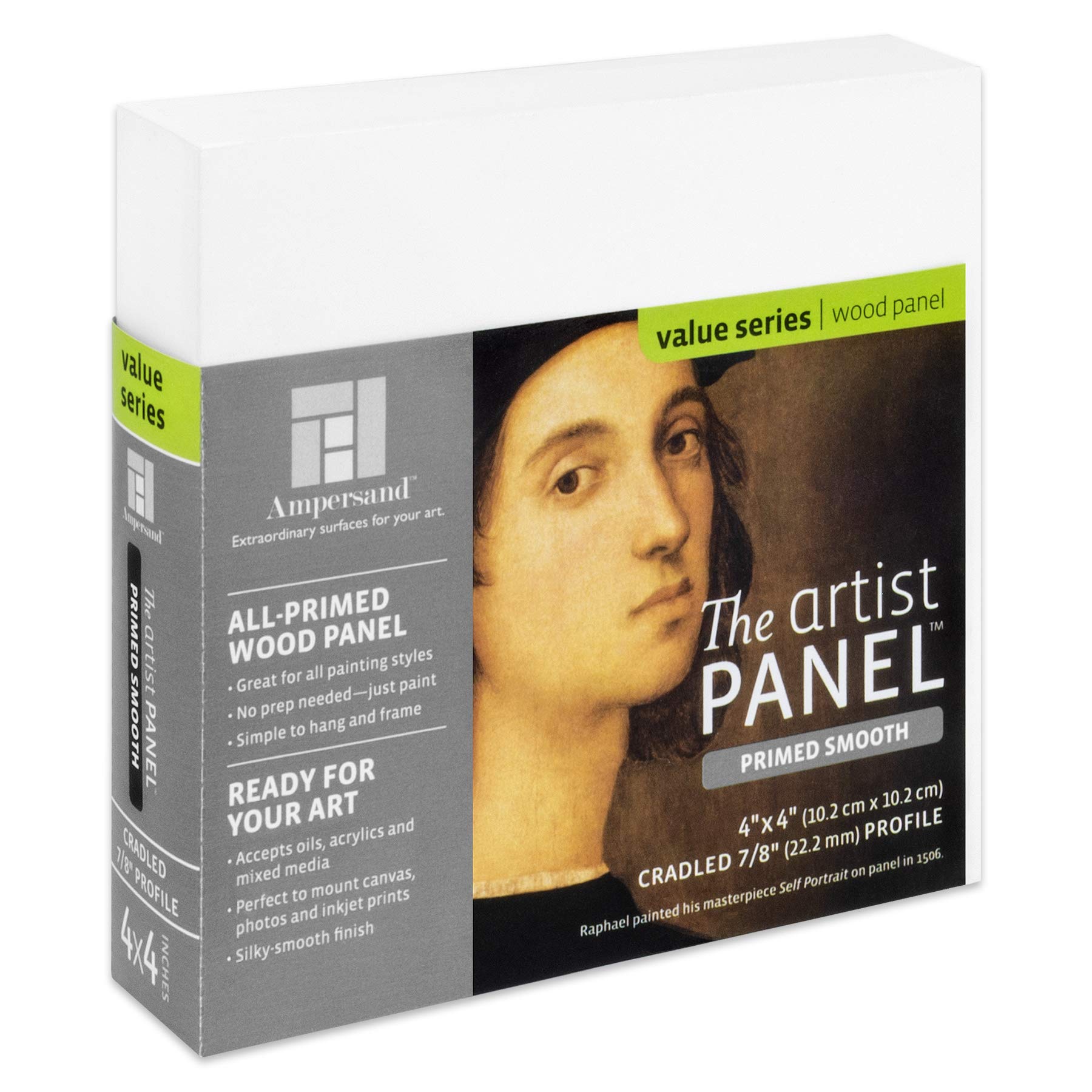 Ampersand Art Supply Wood Gesso Artist Painting Panel: Primed Smooth, 4" x 4", 7/8" Cradled Profile