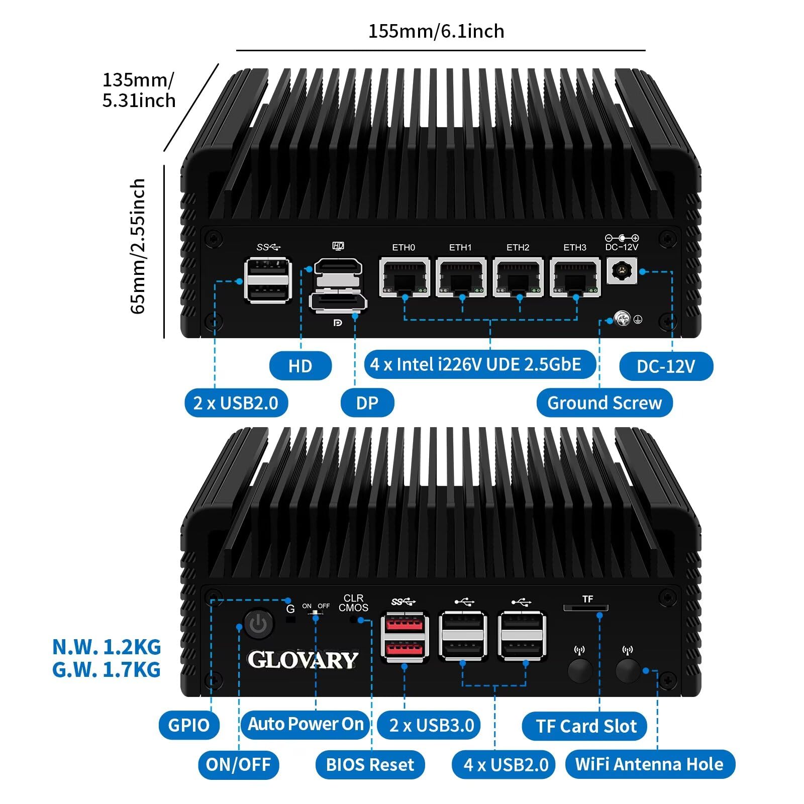 Mini PC Firewall N100, 4 x i226V 2.5GbE LAN OPNsense Router Hardware, DDR5 Barebone, Fanless Micro Firewall Appliance, AES-NI, HD, DP, 8USB, TF Slot, Support 1 to 4 NVMe Board