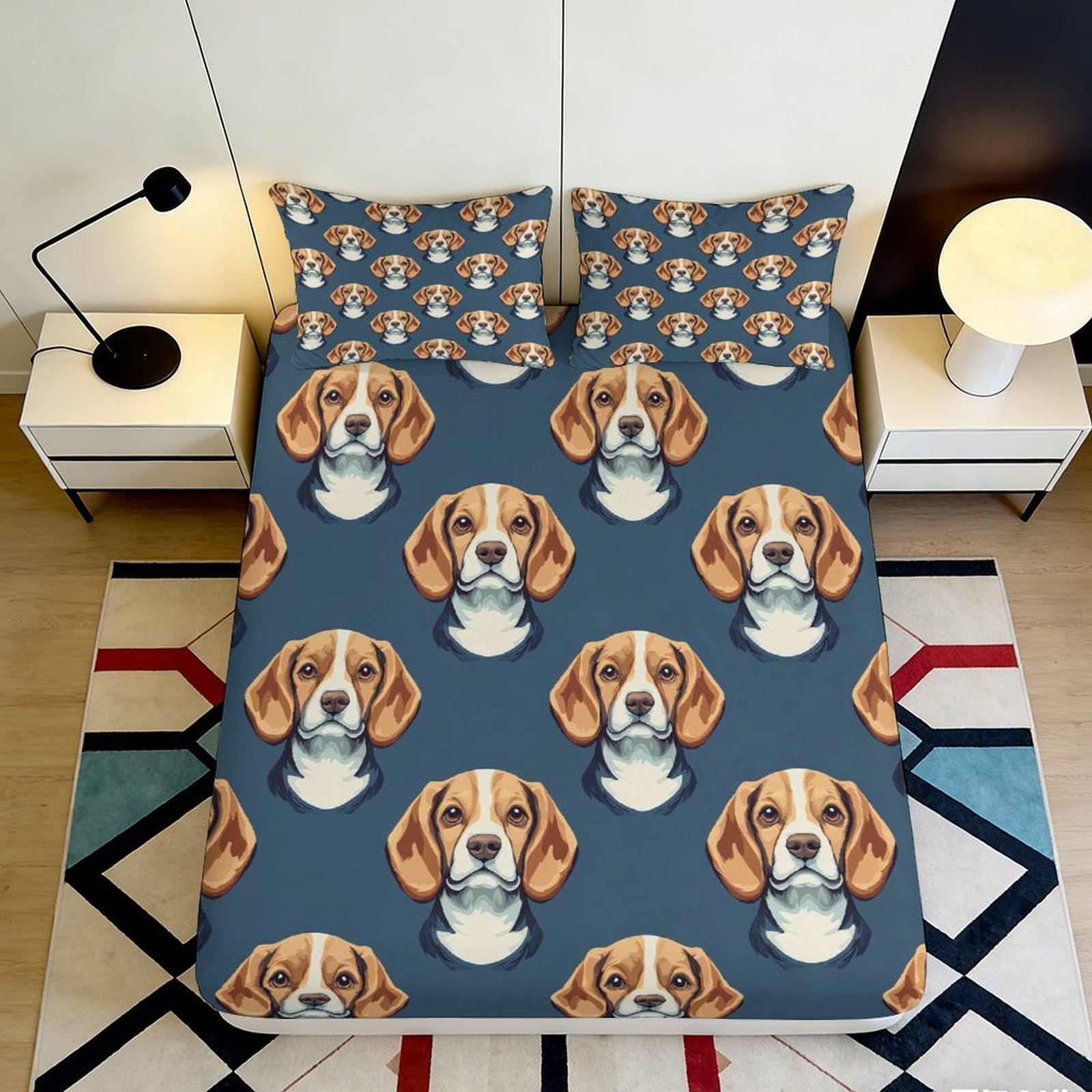 3D Printed Beagle Dog Fitted Sheet Microfiber Soft Breathable Cartoon Pet Bed Cover for Bedroom Dormitory Guest Room Mattress Protection Decor 160x200x25cm