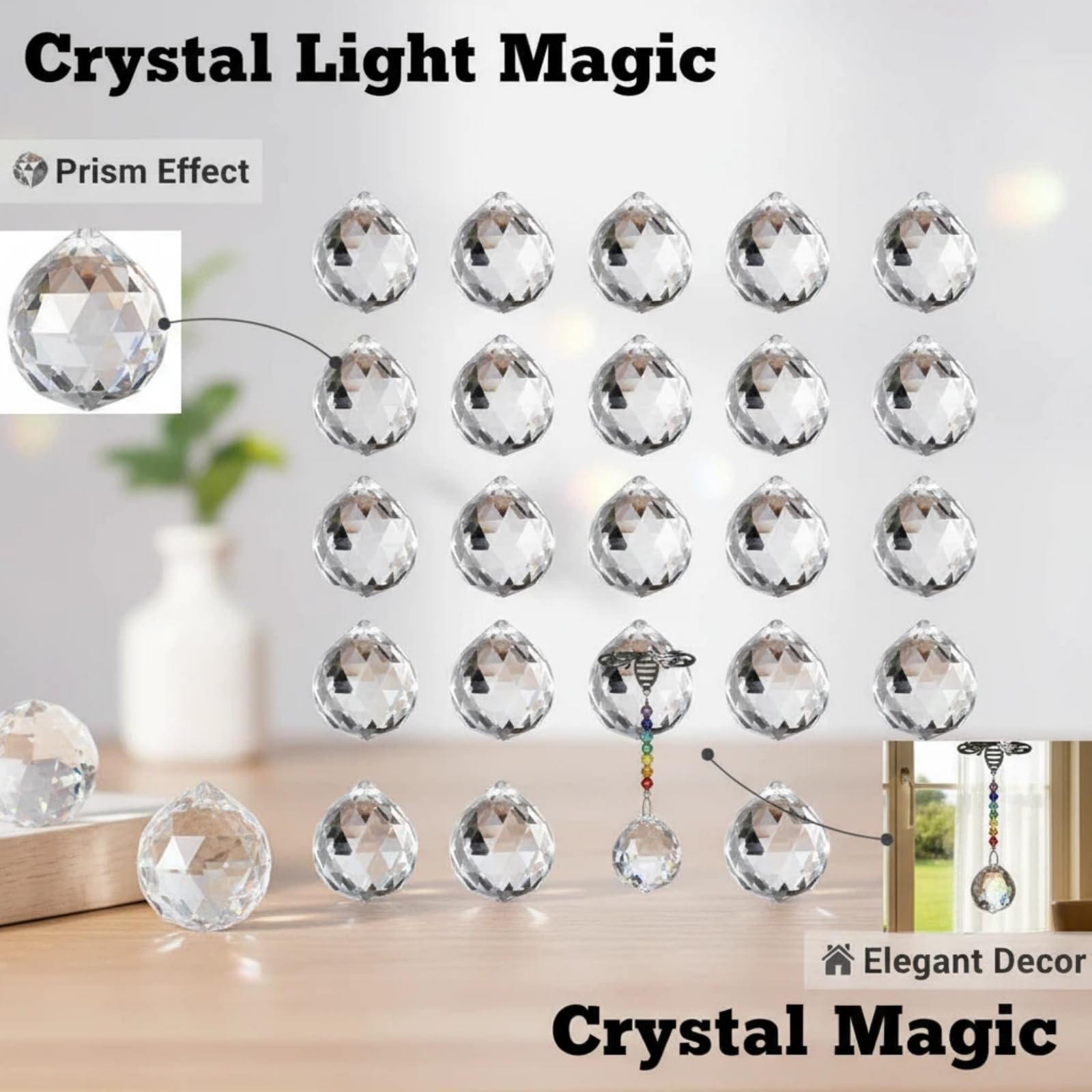 24 Pz Prisma Sfera di Cristallo,Cristalli a Forma di Diamante da Appendere,Cristallo Palla di Vetro Pendente Decorazione per Lampadari a Soffitto,Finestre,Giardini (24 * 20MM)