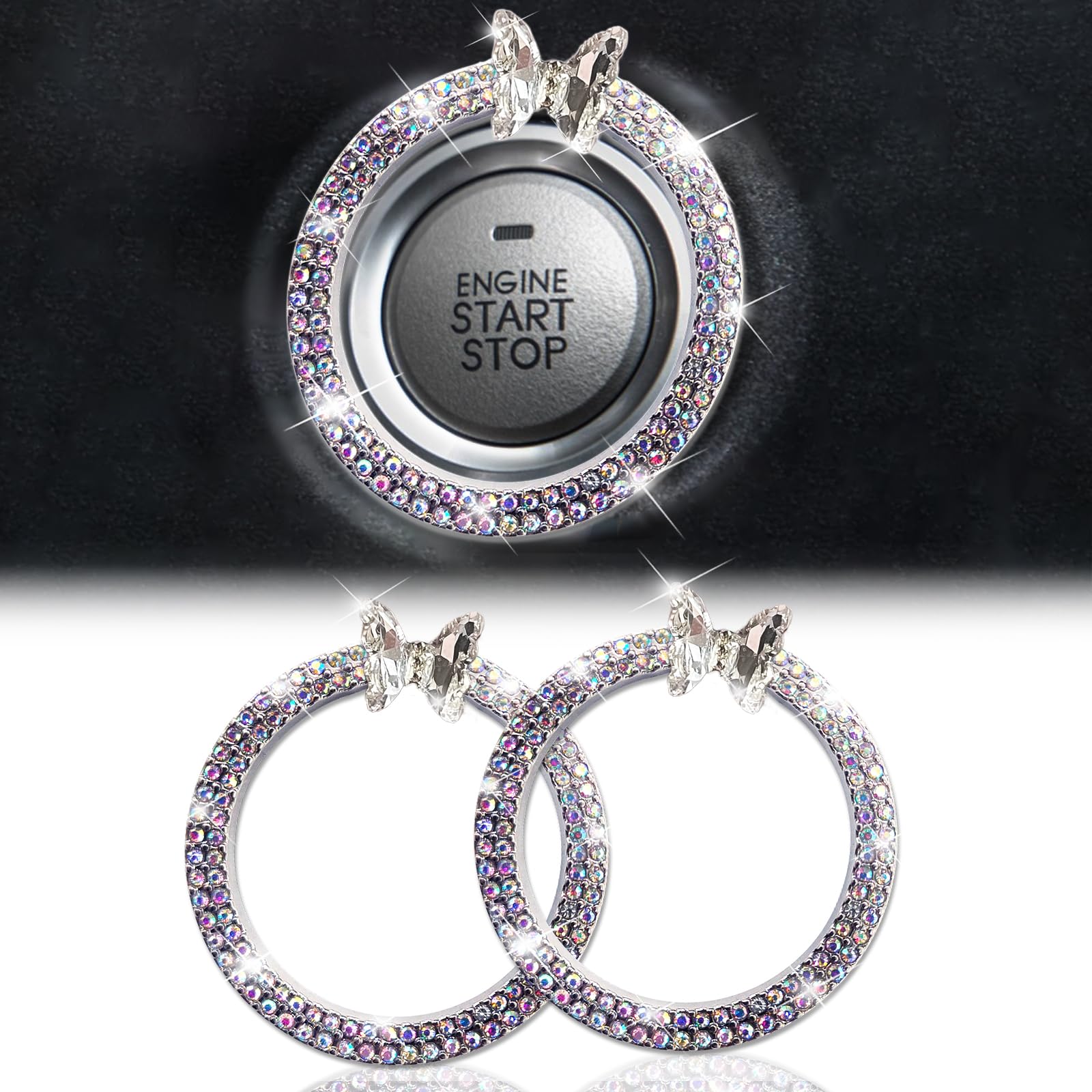 2pcs Transparent Butterfly Bling Ring Emblem Car Accessories - Car Push Start Button Cover/Sticker, Key Ignition Knob Bling Ring, Sparkling Car Interior Accessories for Women (Colorful)