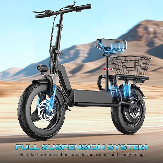 Electric Scooter with Seat for Adults, 1000W Powerful Motor, Max 25Mph Top Speed, 35 Miles Long Range, 14 Tire, E-Scooter with Adjustable Seat, Adjustable Handlebar and Rear Basket