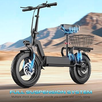 Electric Scooter with Seat for Adults, 1000W Powerful Motor, Max 25Mph Top Speed, 35 Miles Long Range, 14 Tire, E-Scooter with Adjustable Seat, Adjustable Handlebar and Rear Basket