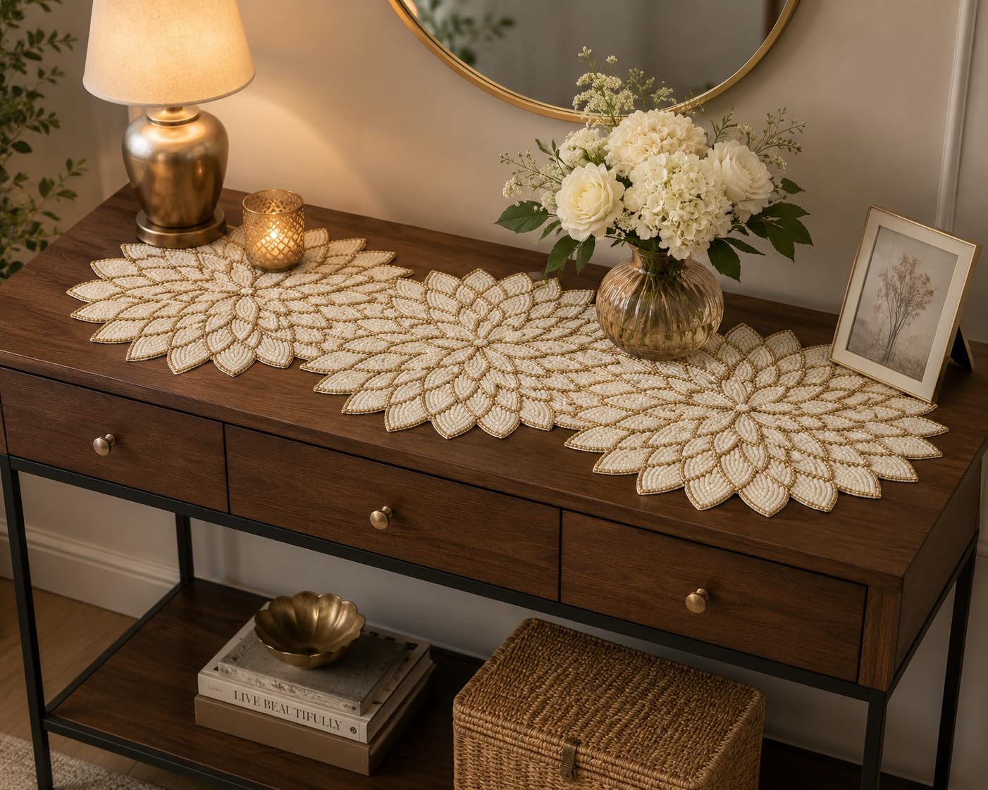 Mfu-Made for You Beautiful Pearl Cream Gold Beaded Table Runner Craftsmanship |Pack of 1 Measure 13 * 36 Inches| Thanksgiving - Occasional Decoration Multi Flowers Colourful Festival Table Runner-image-1