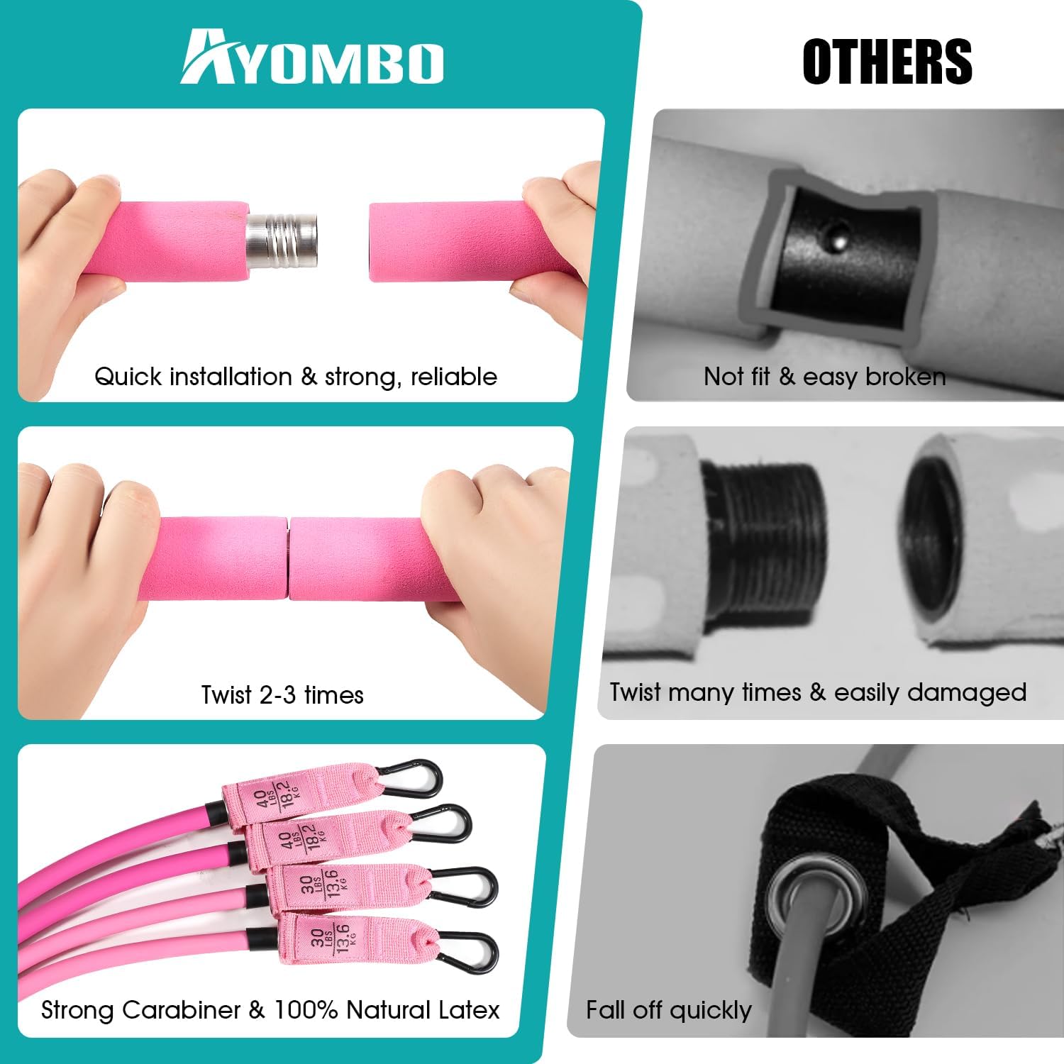 Ayombo Pilates-Bar-Set mit Widerstandsbändern, Pilates-Trainingsgerät für Beine, Hüfte, Taille, Arm, Kniebeugen-Trainingsgerät für Heimtraining, verstellbares 3-teiliges Pilates-Bar-Set für Damen und