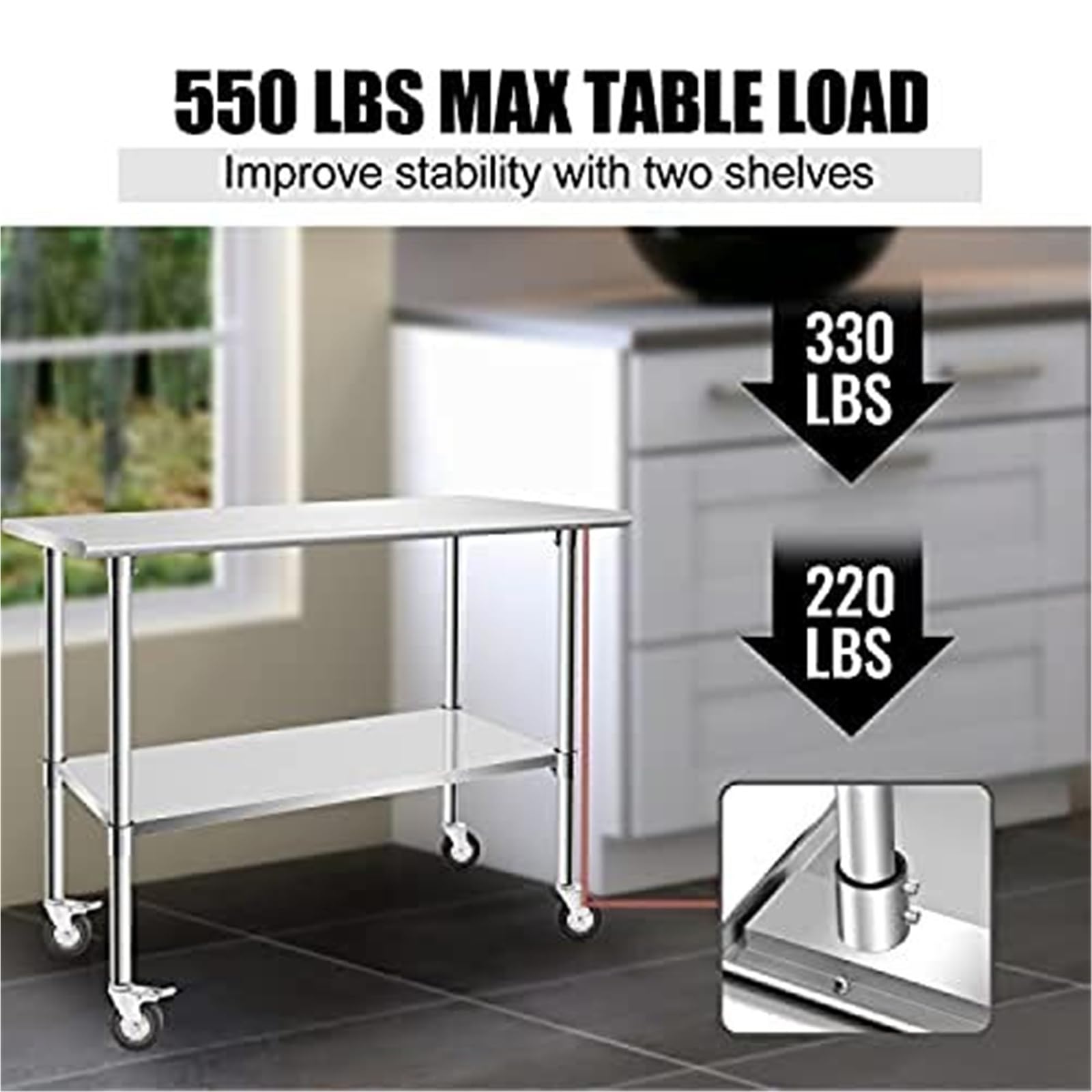 Tavolo da lavoro in acciaio inox con ruote bloccabili e ripiano inferiore, 121 x 61 cm, multifunzionale, per cucina/sala da pranzo, per uso domestico e ristorante, facile da spostare e versatile