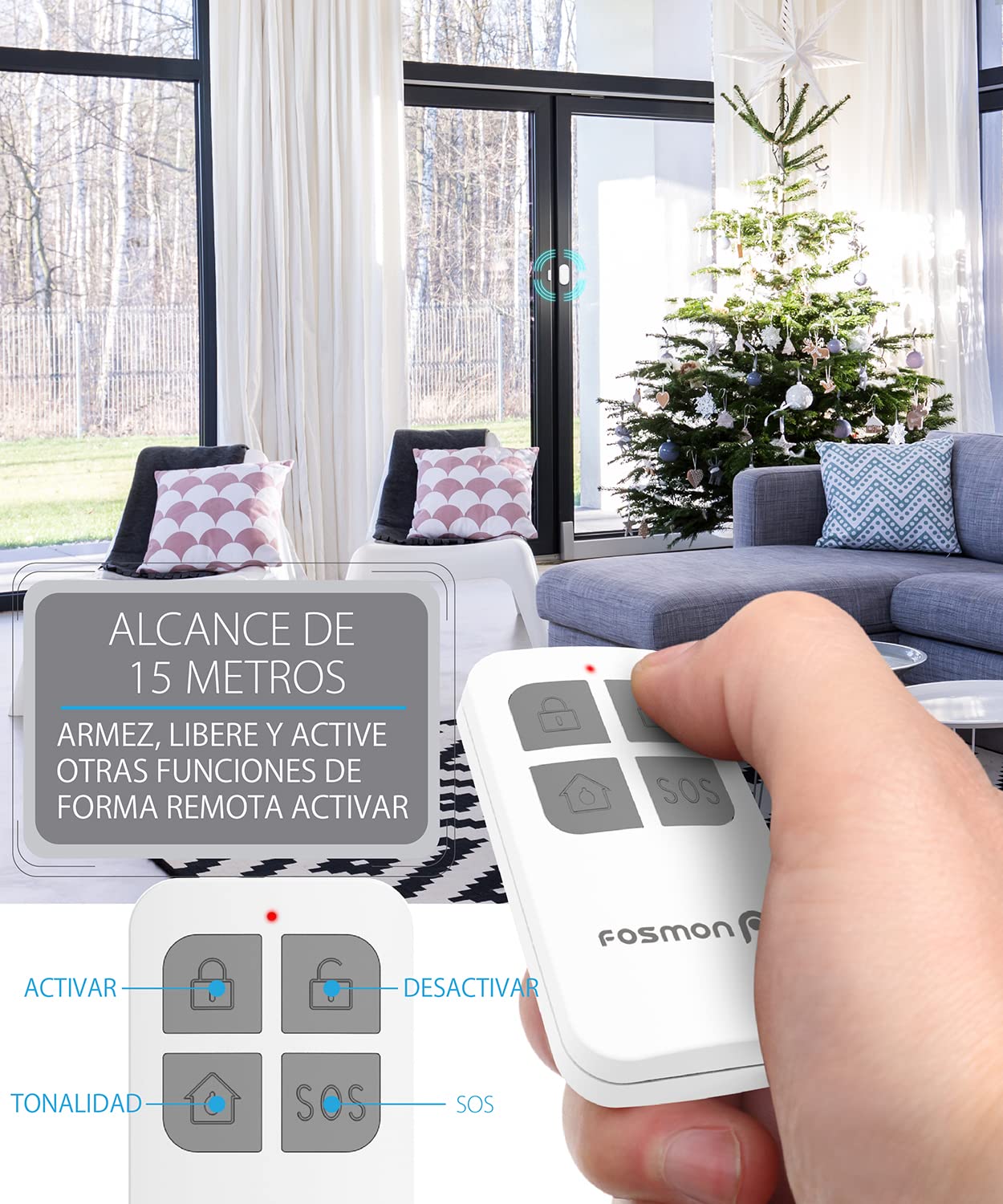Fosmon - Sensor de Apertura de Puertas y Ventanas | Alarma Antirrobo con Control Remoto | Detector de Entrada | Sensor de Apertura Magnética | Funciona con Baterías | Sirena Potente de 130dB