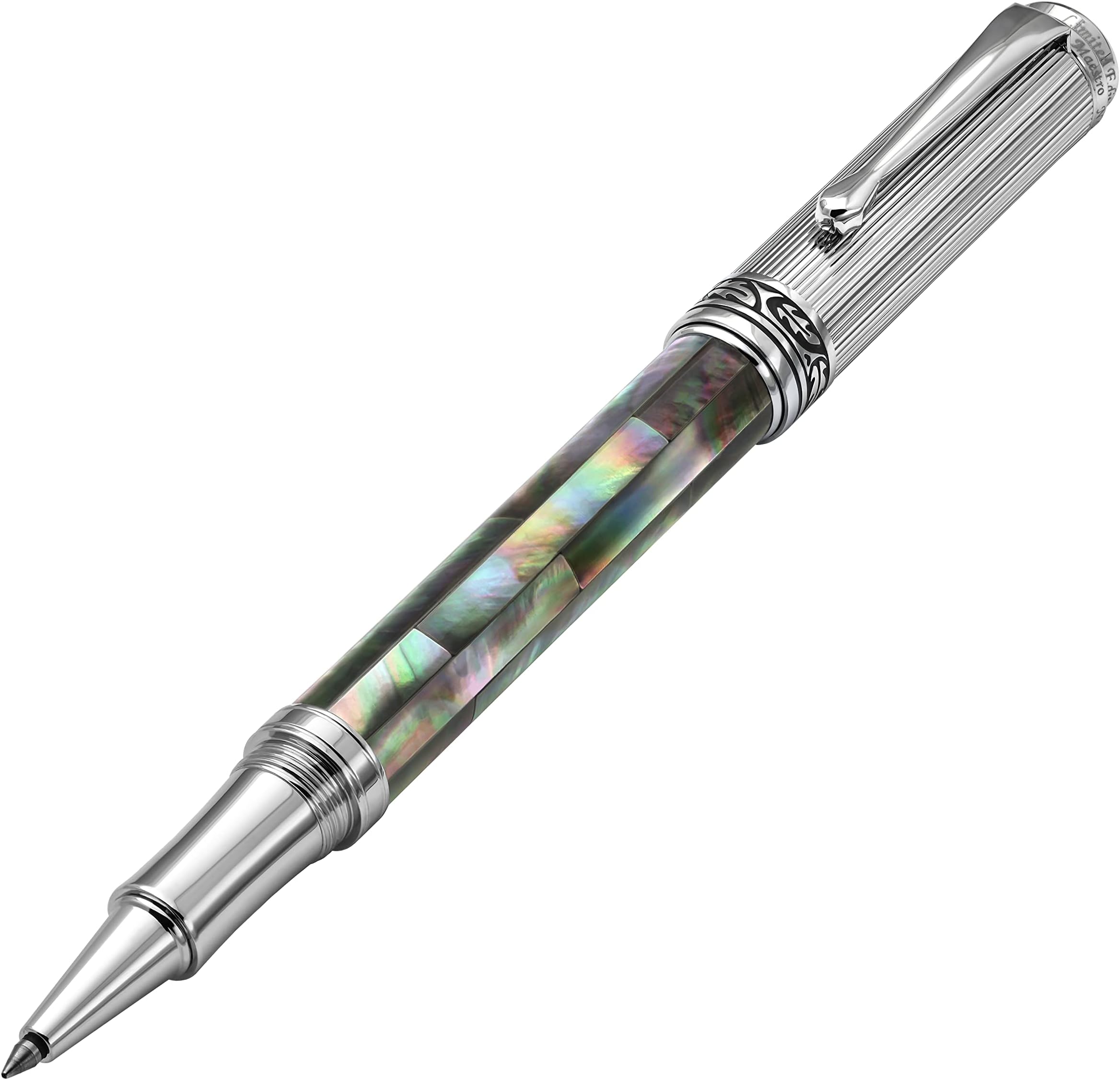 Xezo Maestro Black Mother of Pearl Rollerball Pen, Fine Point. Chrome Plated. Handmade, No Two Pens Alike