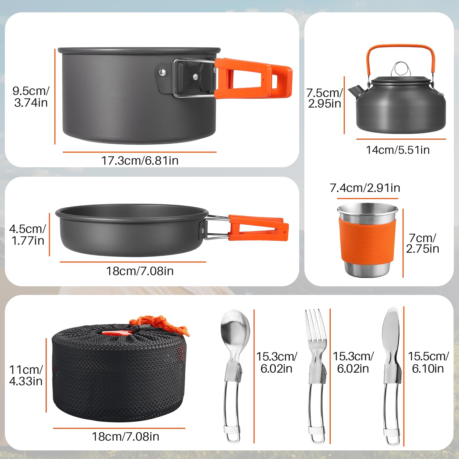 FUNYKICH Multi-PCS Kit de Casseroles Camping, Accessoire Camping Légère, Cookware Kit en Aluminium Durable pour Pêche/Survie/Randonnée/Outdoor/Pique-Nique
