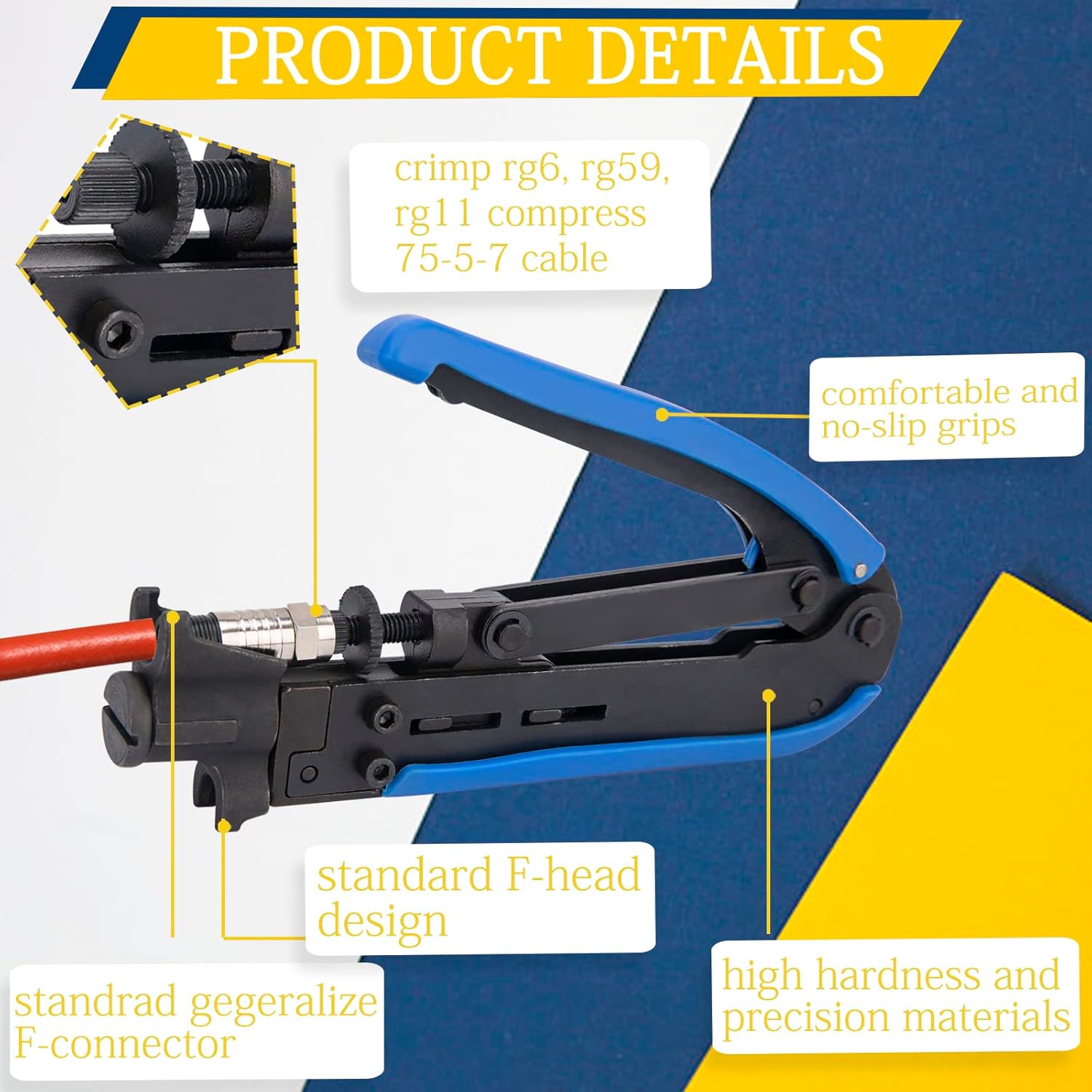 RG6 Coax Cable Crimper Kit Coaxial Compression Tool Adjustable RG6 RG59 RG11 75-5 75-7 Coaxial Cable Stripper,Coaxial Cable Crimper Kit with 20 PCS F Compression Connectors