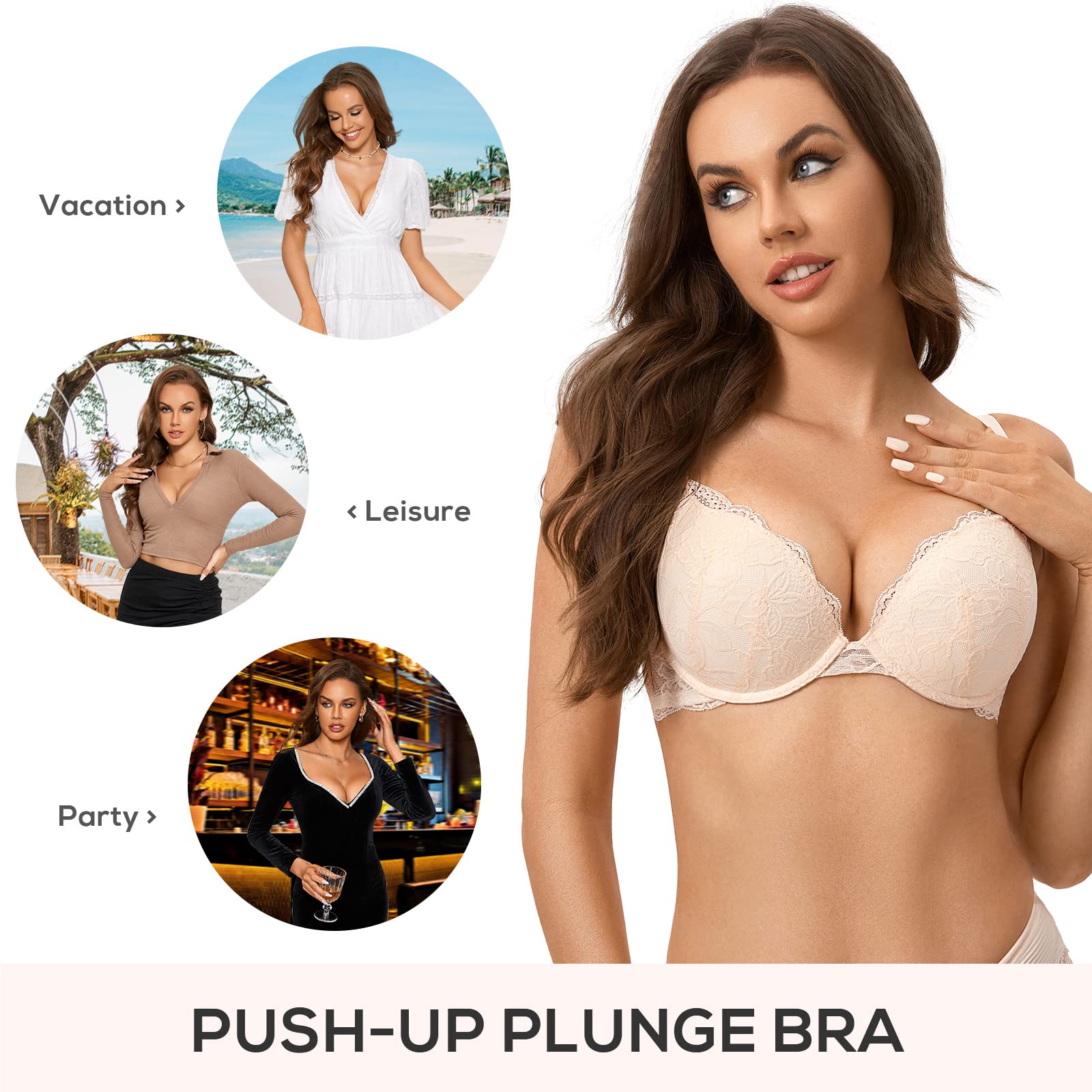 DOBREVA Reggiseno Donna Push Up in Pizzo con Ferretto Imbottito Plunge a Coppe Modellate