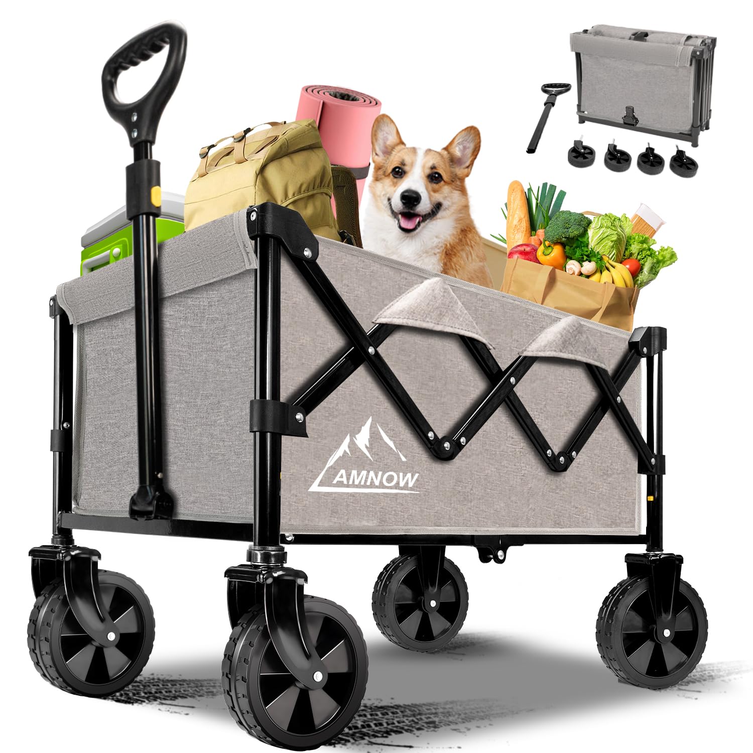 Collapsible Folding Beach Wagon Cart, Utility Large Capacity Cart Foldable wagon with All Terrain Wheels, Grocery Wagon Cart for Garden Shopping Grocery Sports Camping, Gray