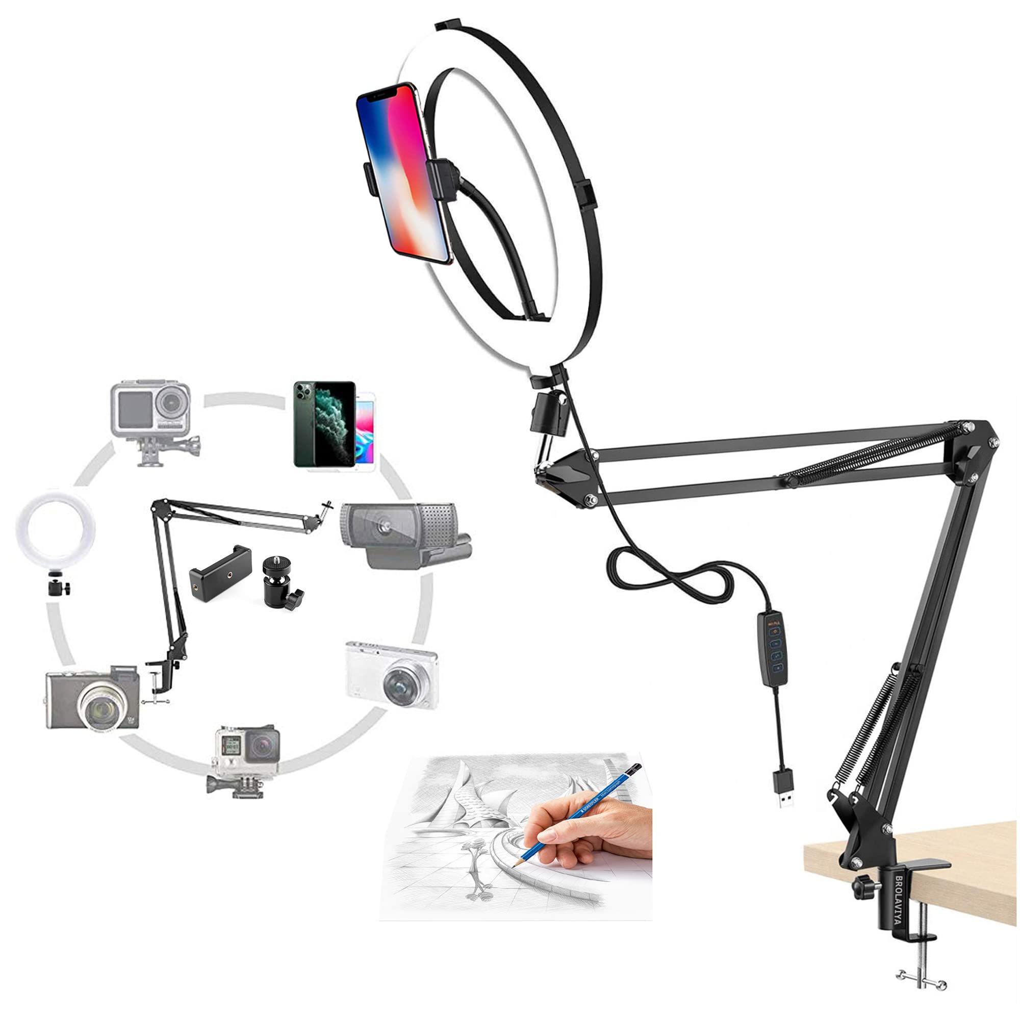 BROLAVIYA Overhead Video Mobile Stand with 10inch Ring Light, Metal Arm,1/4" Male Adaptor for Camera,Gopro,Mobile Bracket for Video,Desktop,Bedroom, Office (B09NLYX277) Amazon Price History, Amazon Price Tracker