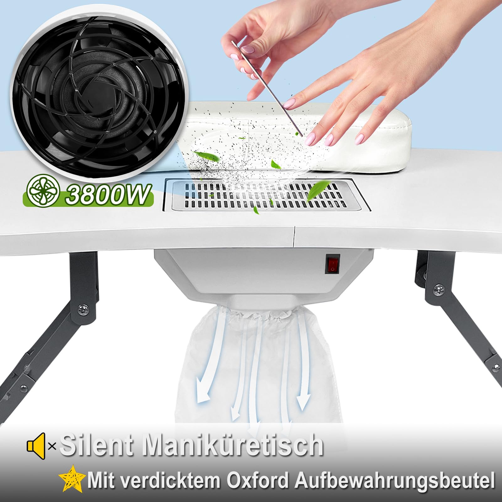YRHome Składany stół do manicure z odsysaniem, 98 x 44 x 77 cm, stół do manicure, stół do manicure, z workiem na kurz, przenośny stół do manicure, przenośny stół do manicure, torba na kółkach, 13 kg,