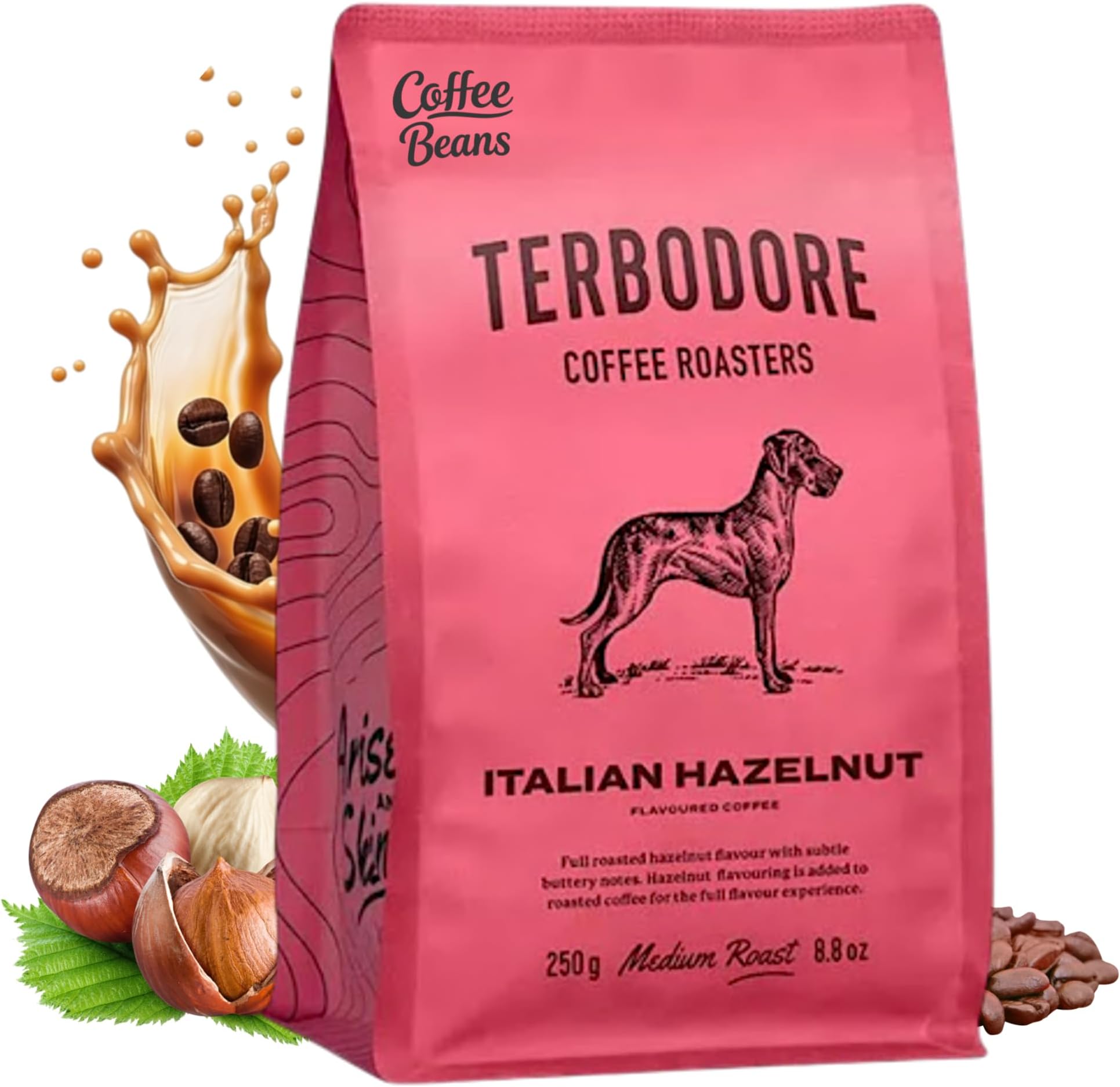 Terbodore | Italian Hazelnut Coffee Beans, 250g Bag, Whole Arabica Beans, Medium Roast, for Machine, Gridner & Cafetiere - Flavoured Coffee Made for Home & Café, Hazelnut Flavoured Coffee Beans