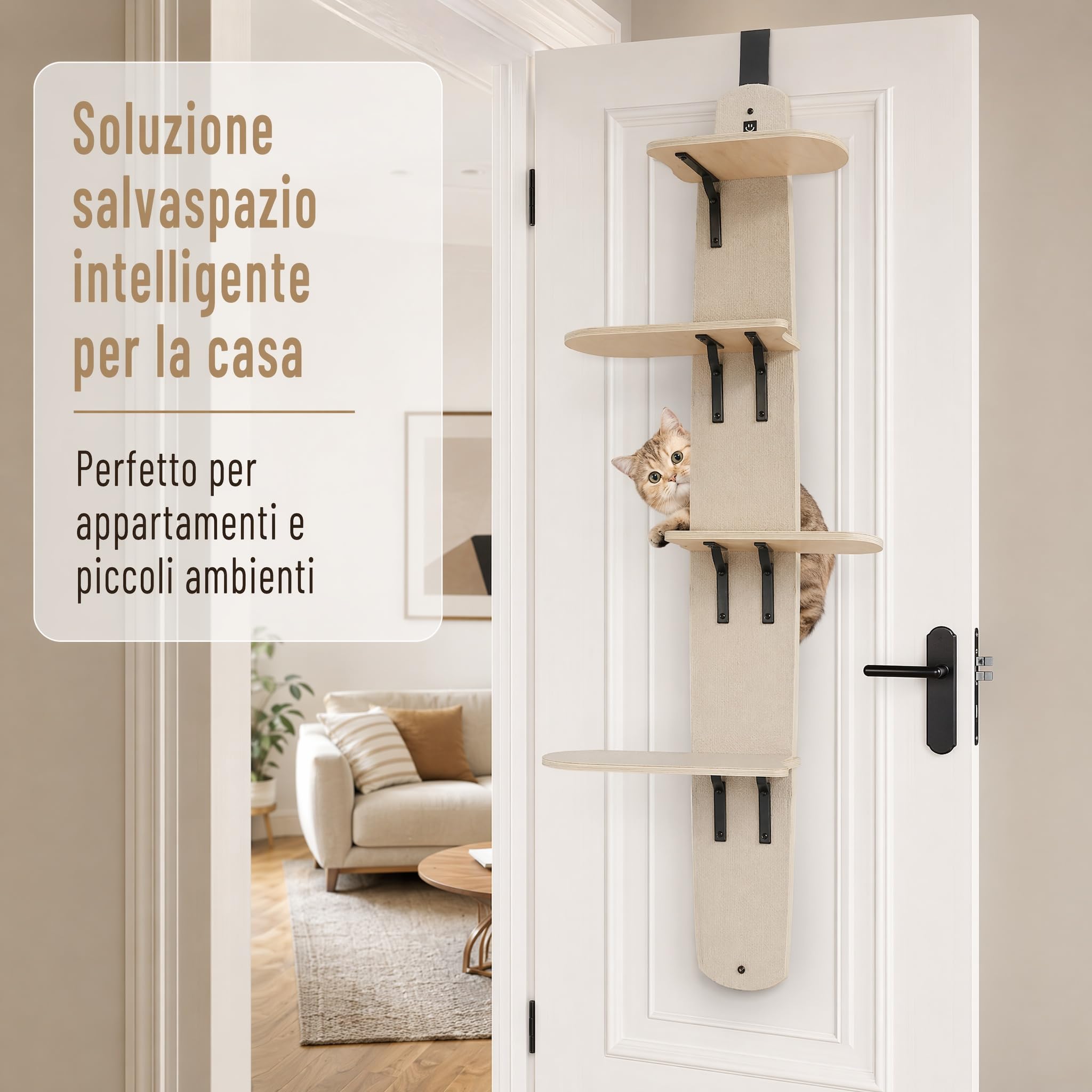 Mensole Da Parete Per Gatti A 4 Livelli, Versatile Tiragraffi A Torre Per Porta, Legno Massello, Montata Fino A 25 Kg, Gradini Per Arrampicare, Graffiare, Giocare