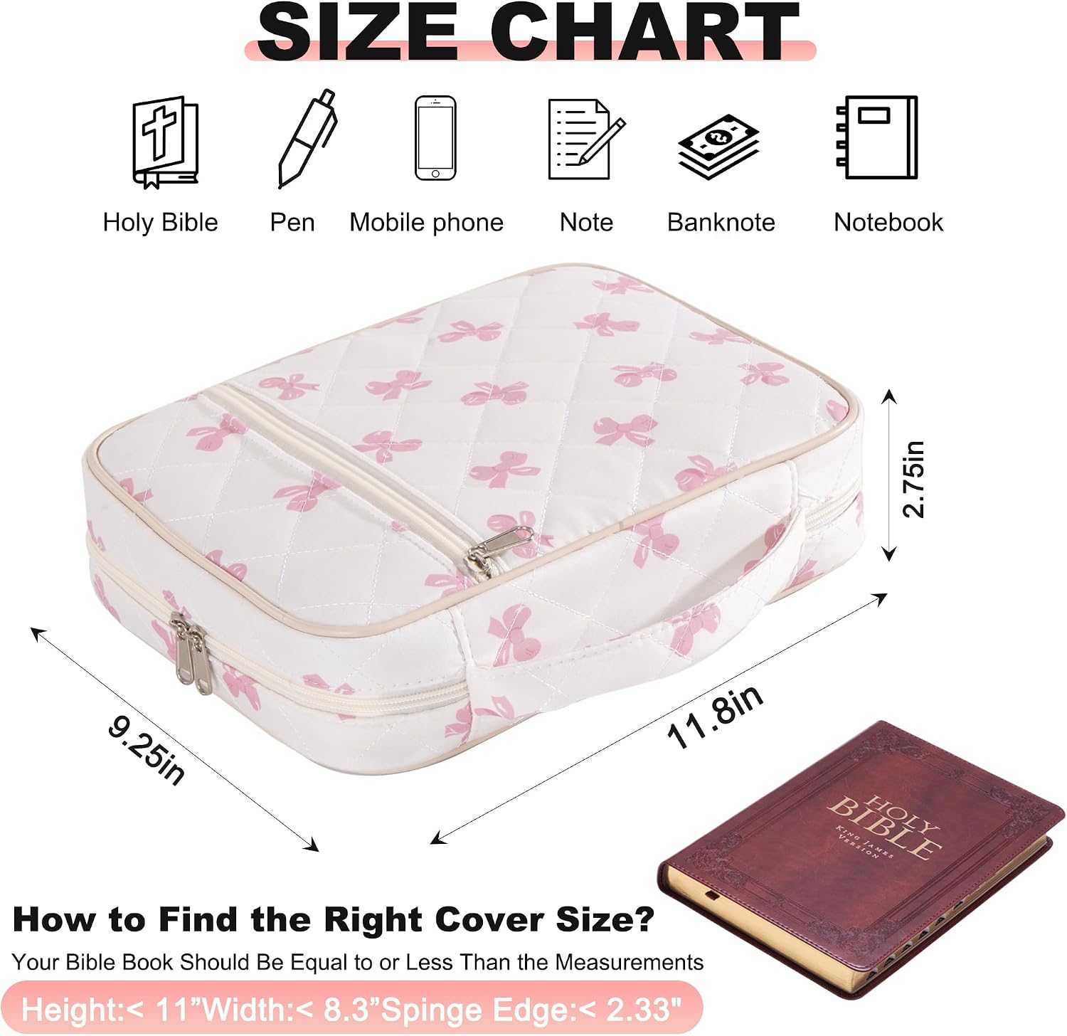 Bible Cover Case for Women Large Bow Bible Bag Organizer Quilted Study Supplies Accessories Carrying Cases for Girls Portable Tote Bag Christian Gifts image 4