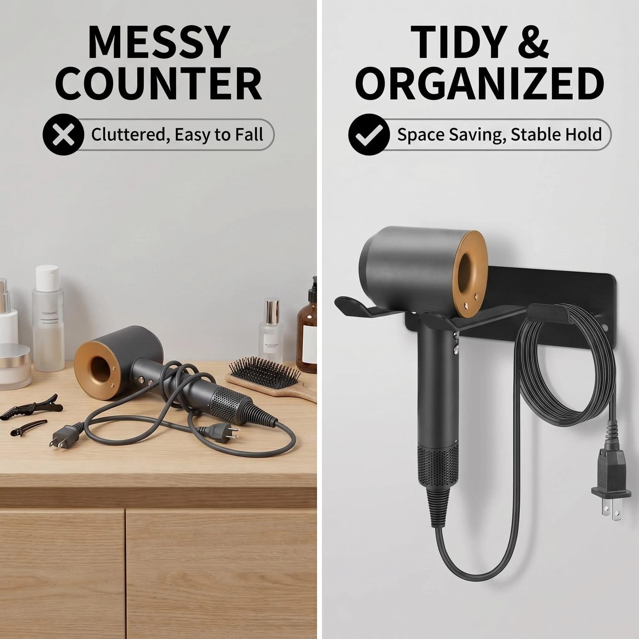 Support de Sèche-Cheveux,Support Mural Compatible avec Tous Les Sèche-Cheveux,Organisateur D'espace pour Salle de Bains/Chambre à Coucher/Salle de Bains/Salon de Coiffure, Acier Inoxydable 304 (Noir)