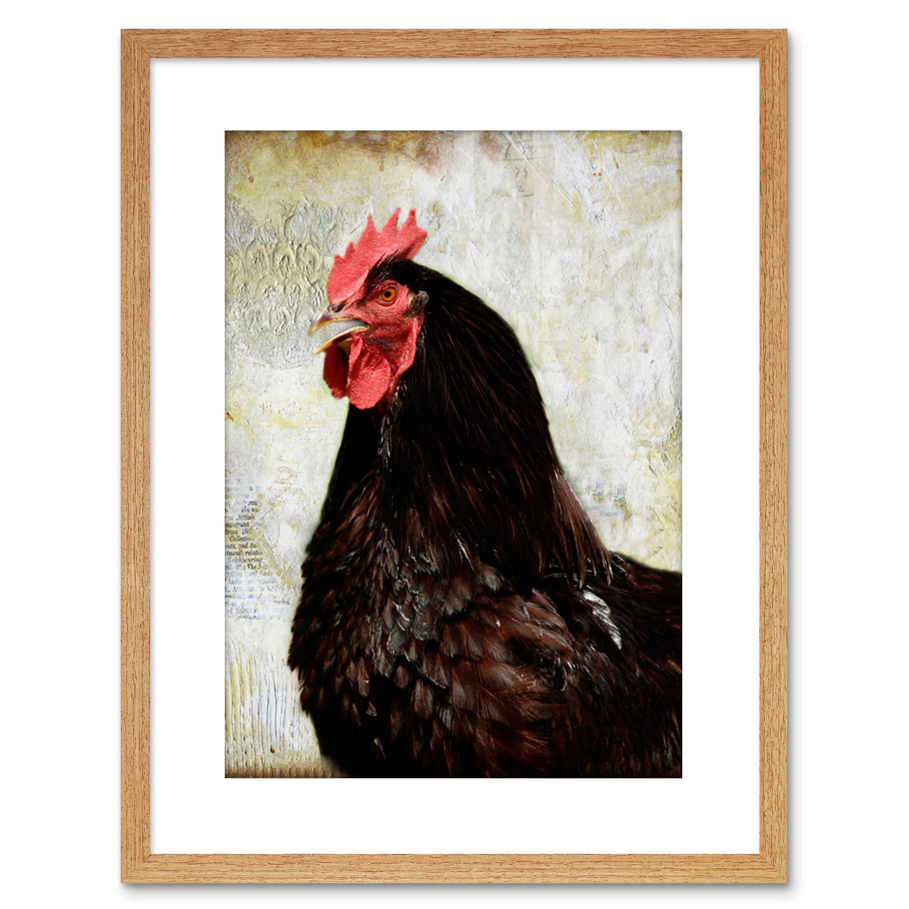 Wee Blue Coo Photo Rooster Grunge Black Red Bird Chicken Farm Framed Wall Art Print