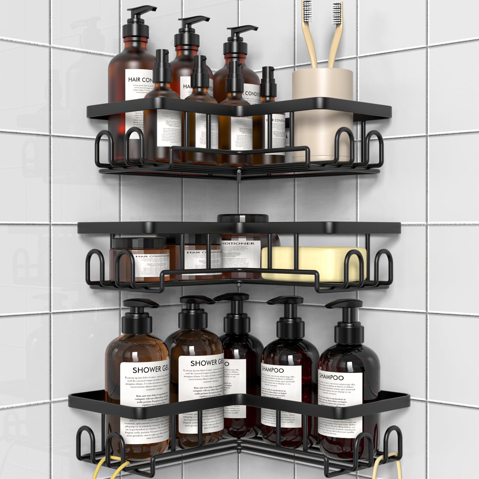 Diwoker Duschablage Ohne Bohren Ecke - Rostfreier Duschregal Badezimmer Organizer Shampoo Halterung für Dusche (Schwarz - 3 Stück)
