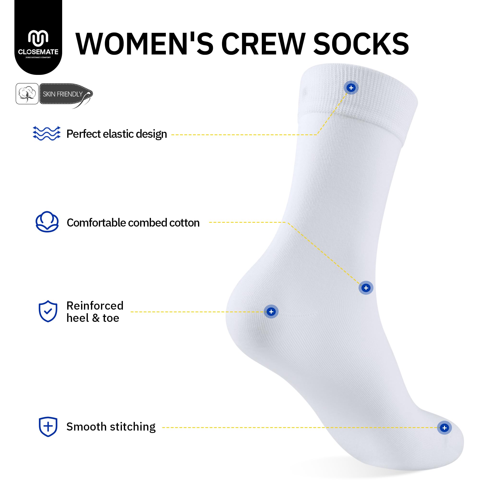 CLOSEMATE 5 Paires Chaussettes Femme 35-38 39-42 Coton Extensible Respirant | Tissu évacuant l'humidité, Bordure élastique, Talon et orteils renforcés, Design classique,Polyvalent pour toutes les saisons