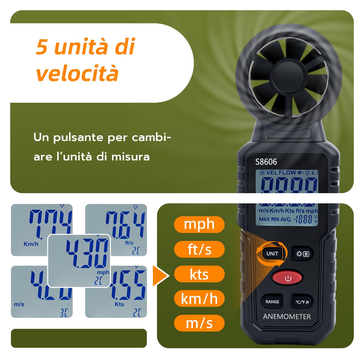 Anemometro Portatile 3 in 1 Misuratore di Velocità del Vento per Esterni Nela Surf Volo