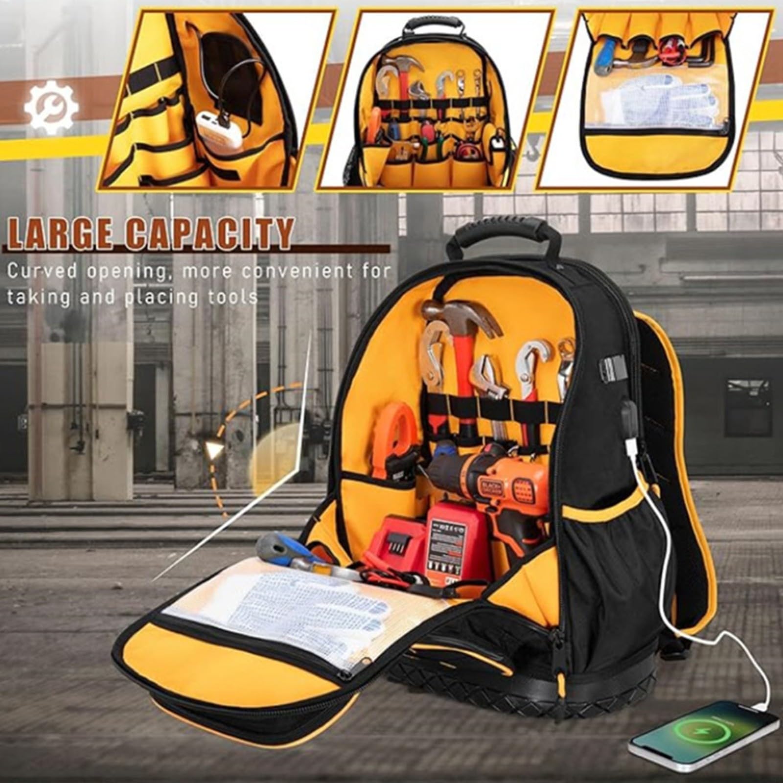 Mochila de herramientas profesional, tela Oxford resistente con parte inferior dura, múltiples bolsillos, funda para laptop para almacenamiento en el lugar de trabajo