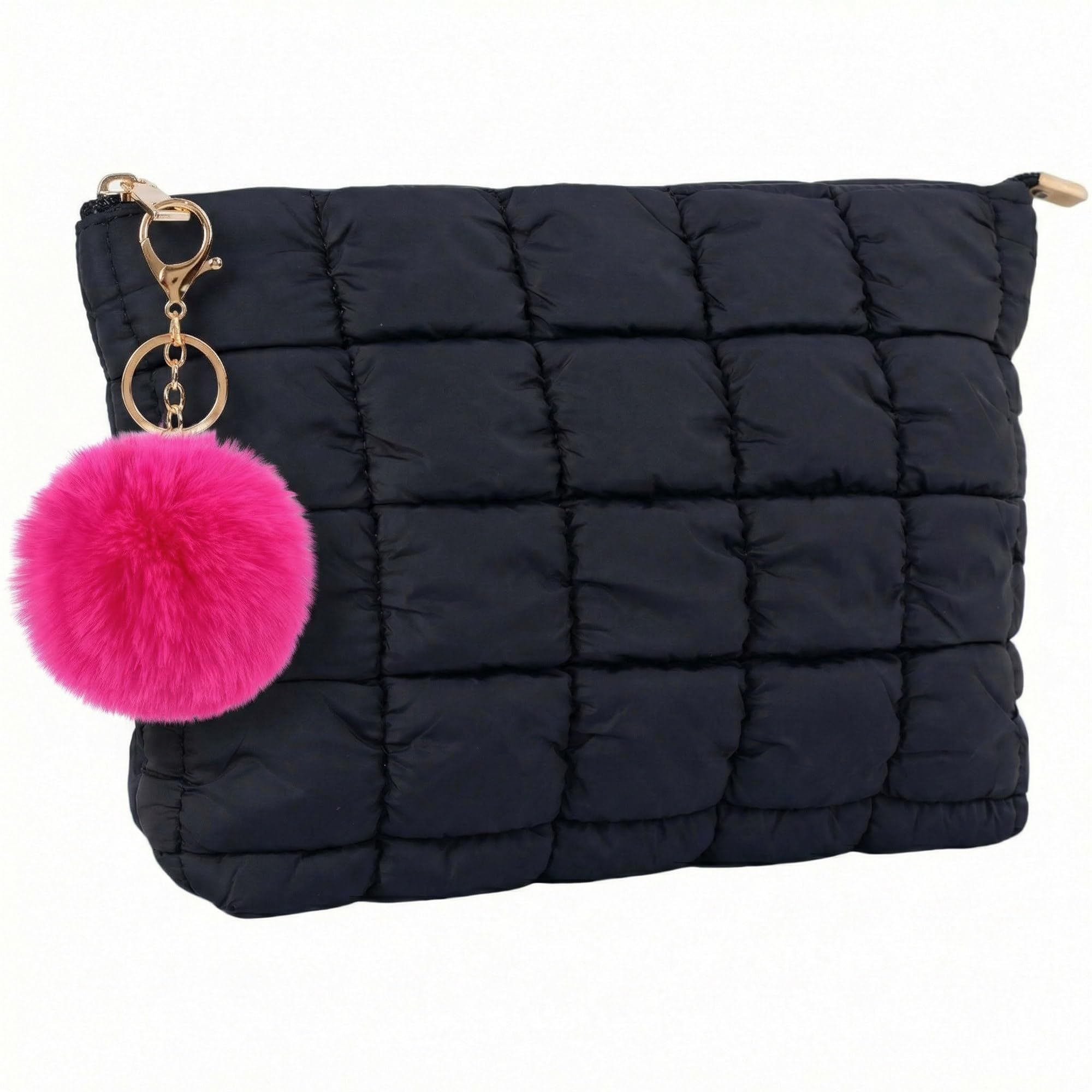 Black Puffer Quilted Makeup Bag for Women with Furry Keychains - 10" Roomy Puffy Cosmetic Pouch, Travel Toiletry Organizer Bag (BK-Fu-HP)