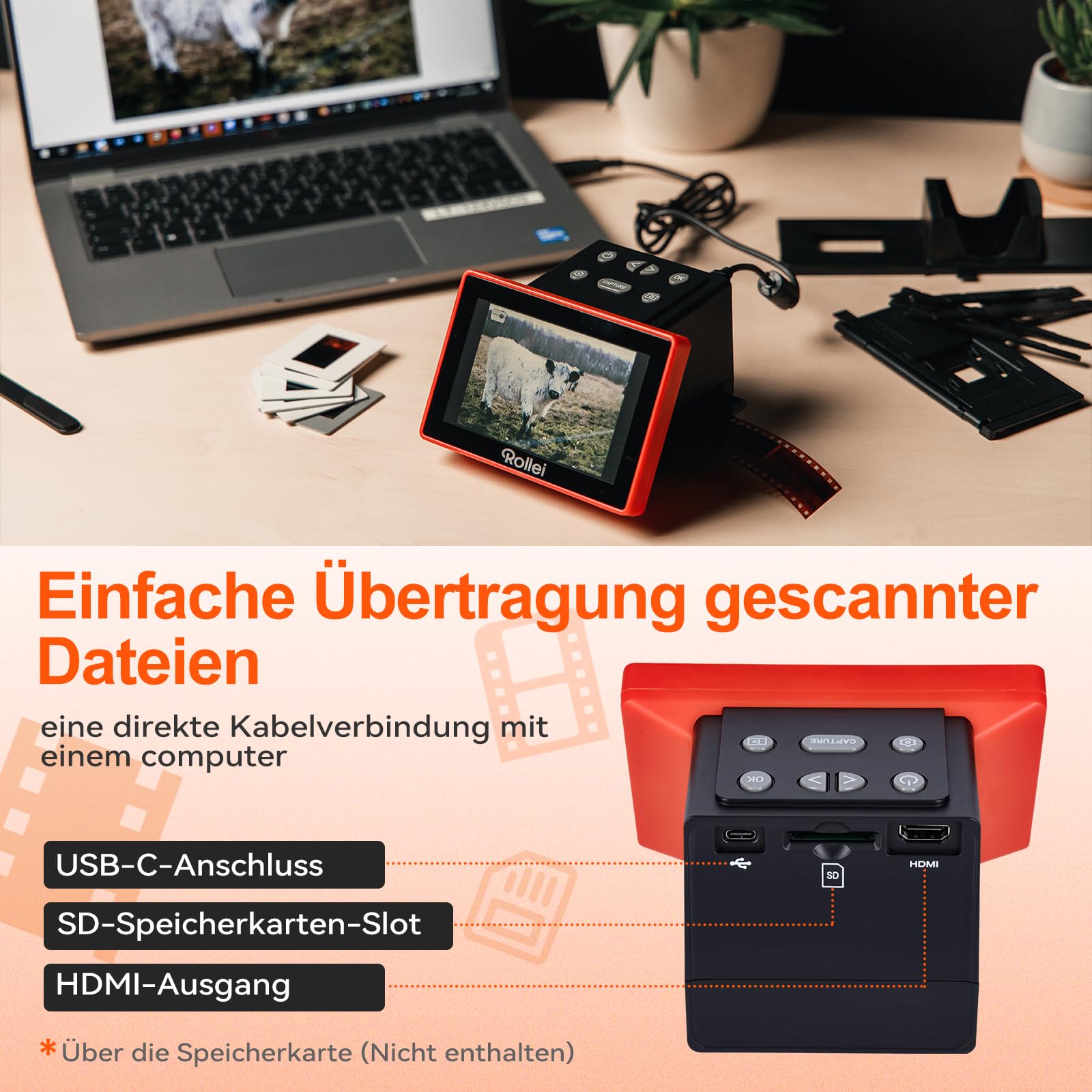Rollei DF S 1300 SE Dia Negative Scanner zum Digitalisieren | für Film und Slide 135/110/126 mm/Super8, Kompakte 498 g mit 5 Zoll Bildschirm, Scanner-Dia-Film-Negative-Digitalisieren