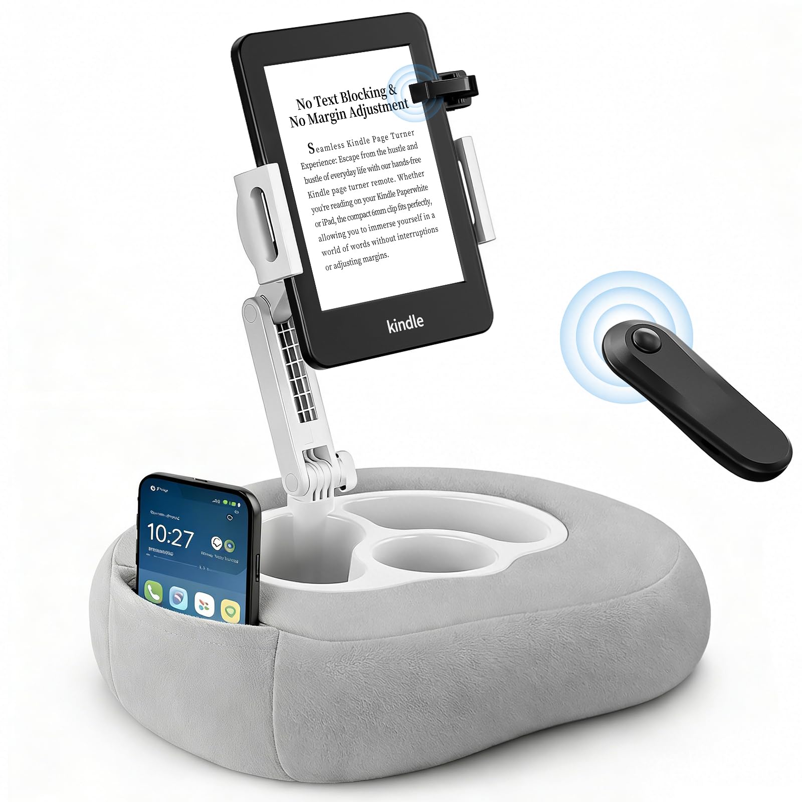 Grauer Kindle-Kissenständer mit schwarzer Fernbedienung, verstellbarer Kindle-Halter für Bett, Sofa, 2-in-1-Ständer und Seitenwender für Kindle/Tablet, weicher Plüsch zum Lesen im Bett