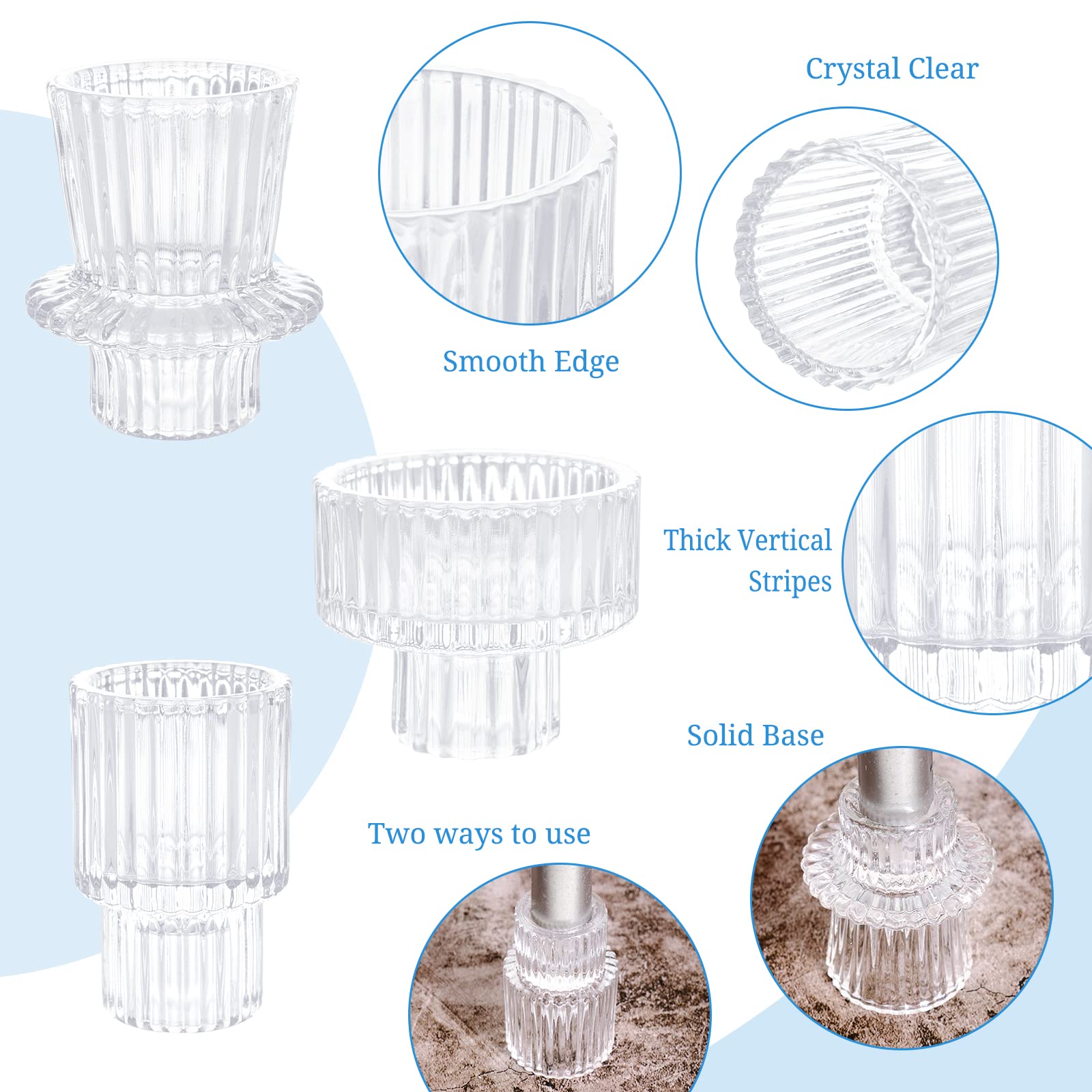 Glass Candlestick Holders Taper Candle Holders Bulk - Premium Multipurpose Tealight Candle Holders for Table Centerpieces, Wedding, Party, Festival, Dinner Table, Home Decoration (12 Pcs, Clear)