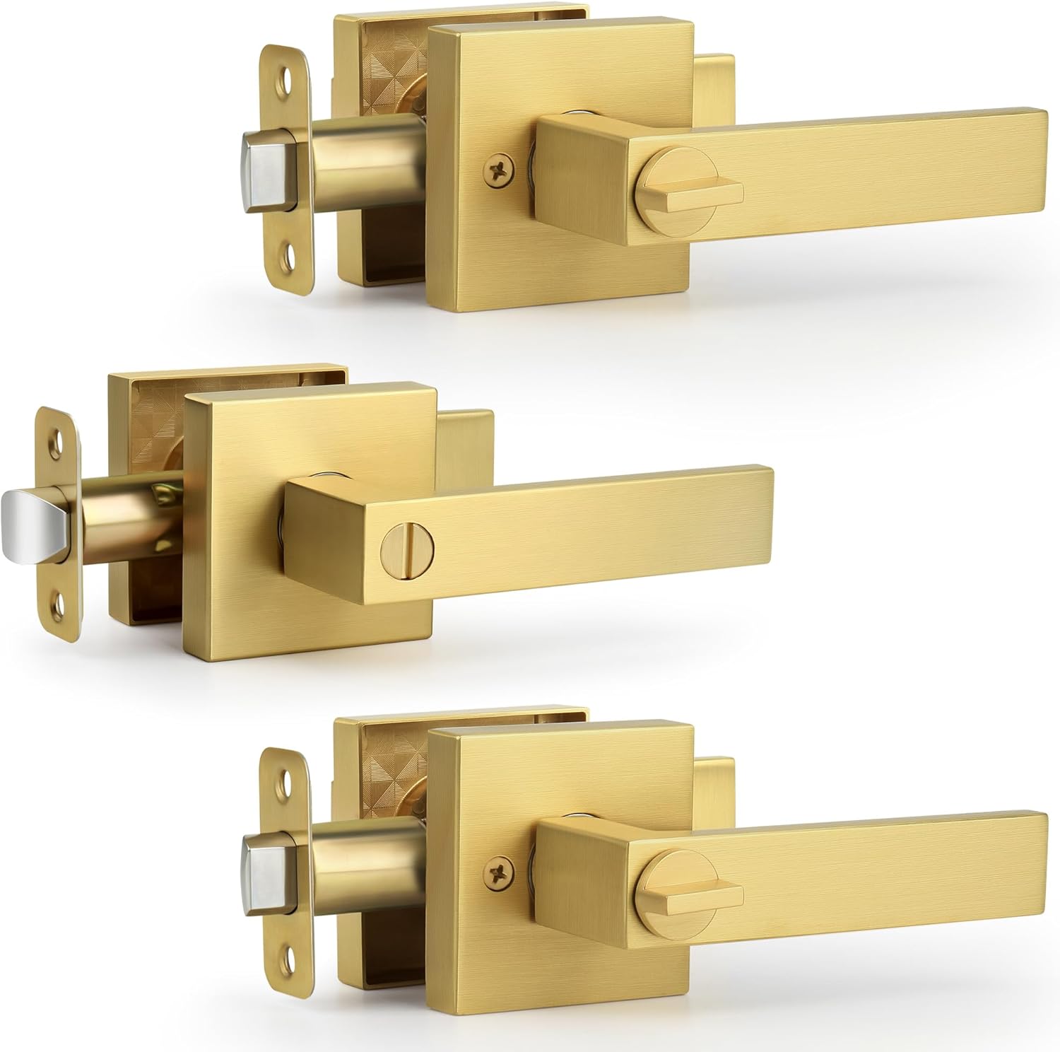 Moquin Square Privacy Gold Door Handle with Lock, Keyless Heavy Duty Interior Door Lever for Bathroom or Closet, Satin Brass, 3 Pack