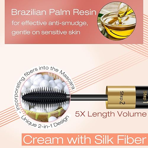 Miniatura 3 de Rímel de volumen y longitud, máscara de pestañas impermeable 2 en 1, color negro, paquete de 2 pestañas falsas voluminosas alargamiento a prueba de