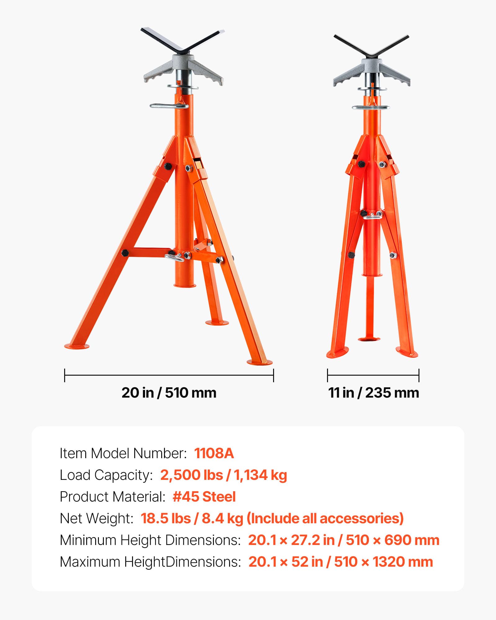 VEVOR Cavalletto per Tubi, Cavalletti per Tubi da 2500LBS, con Testa a V Regolabile in Altezza da 27,2"-52", Design Pieghevole in Acciaio 45# Tubi 1/2-12 Pollici