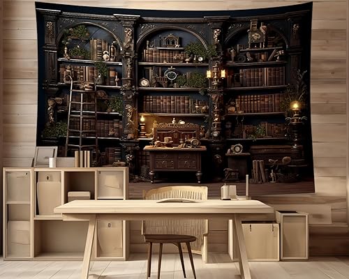 Miniatura 4 de QGHOT Tapiz vintage para colgar en la pared, tapiz retro de pared de biblioteca, libros antiguos en estantes, sala de estudio clásica, estudiante,