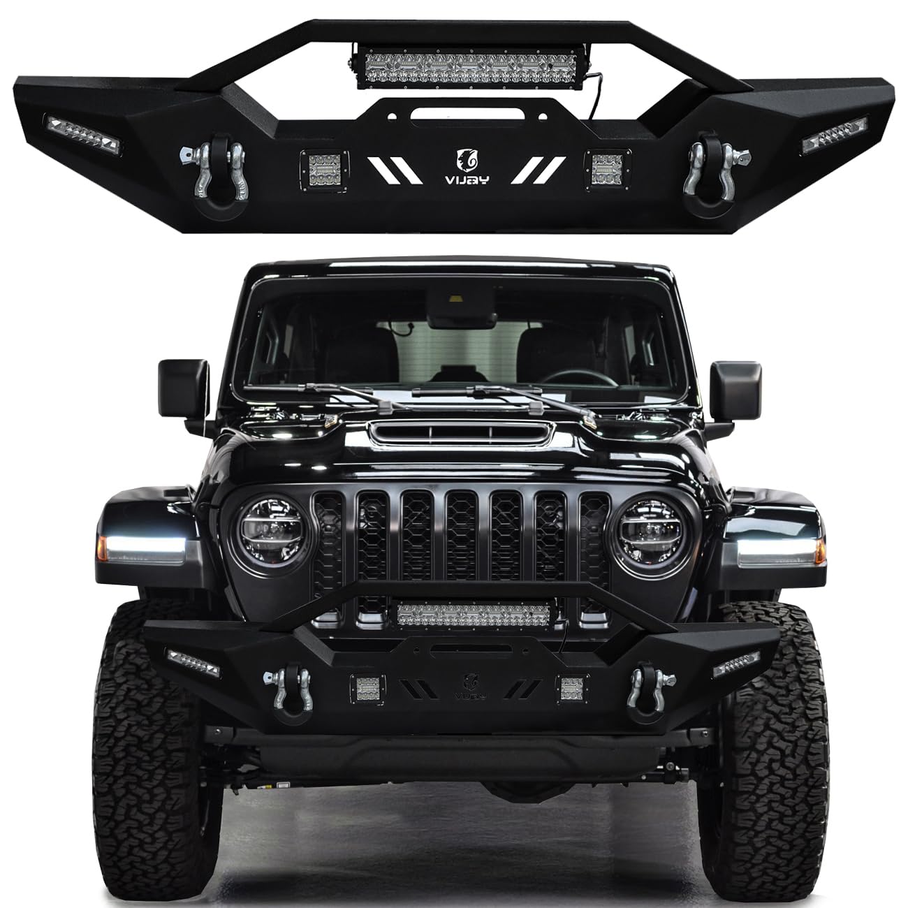 VISIDA Compatible with 2007-2025 Wrangler JK/JL 2/4 Door Front Bumper Textured Black Steel with Light and D-rings