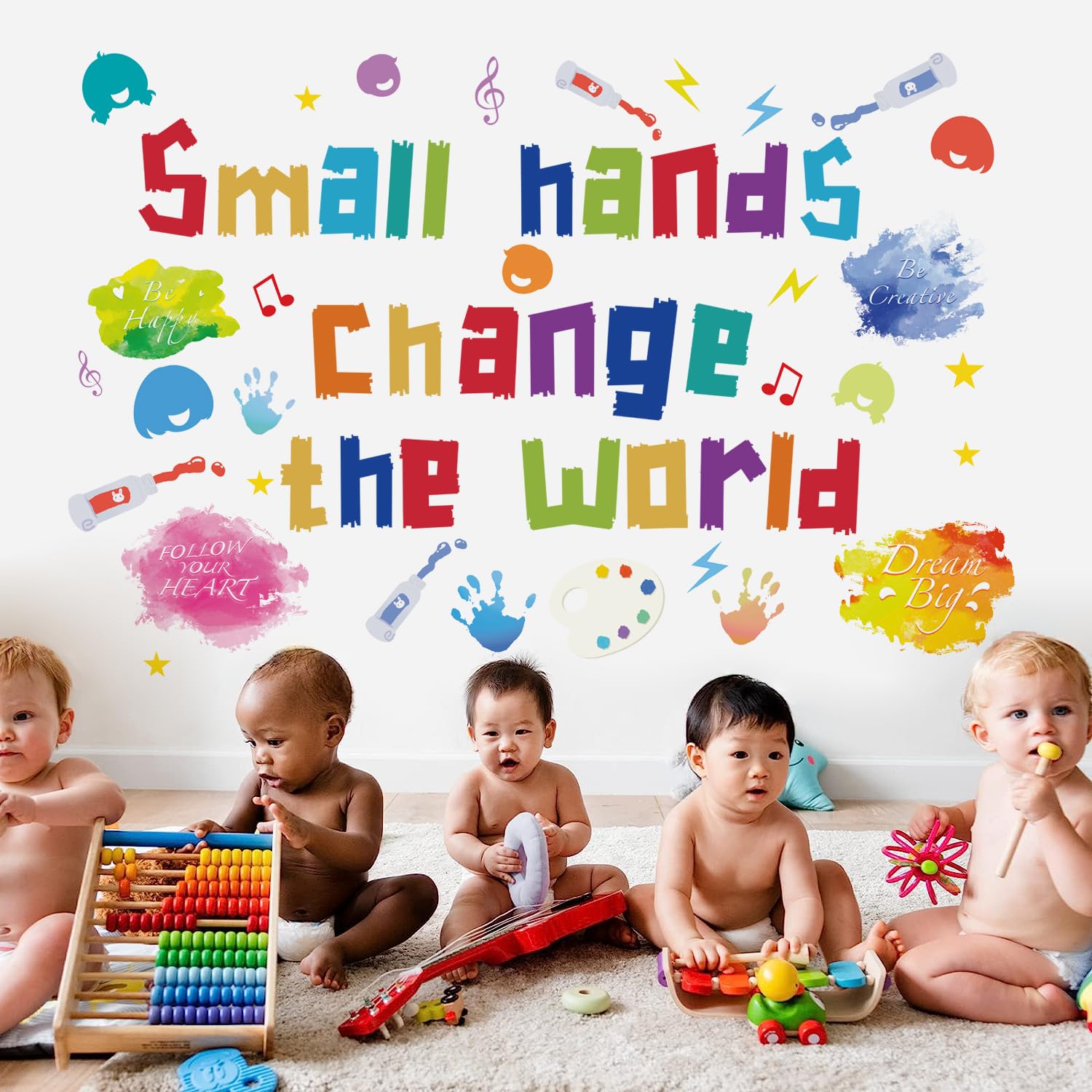 Runtoo Small Hands Change The World Wall Decals Inspirational Color Quotes Handprints Wall Stickers Kids Room Classroom Baby Nursery Daycare Wall Decor