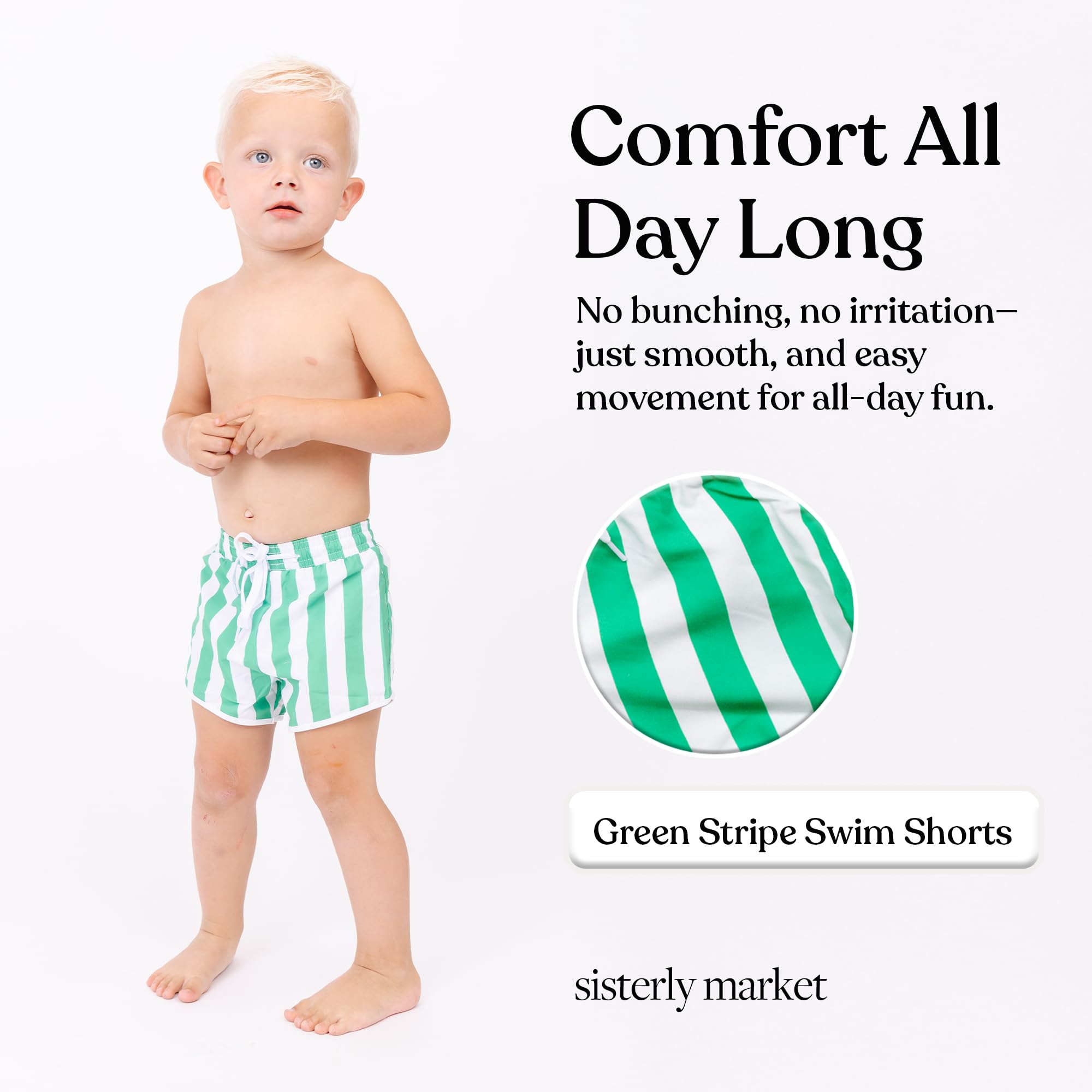 Sisterly Market - Toddler Swim Shorts, Kids/Baby Swimsuit Swimsuit with Stretchy Spandex Liner and Breathable Outer Microfiber Fabric, Baby Boy Bathing Suit Ages 18 Month to 2 Year, Green Stripes