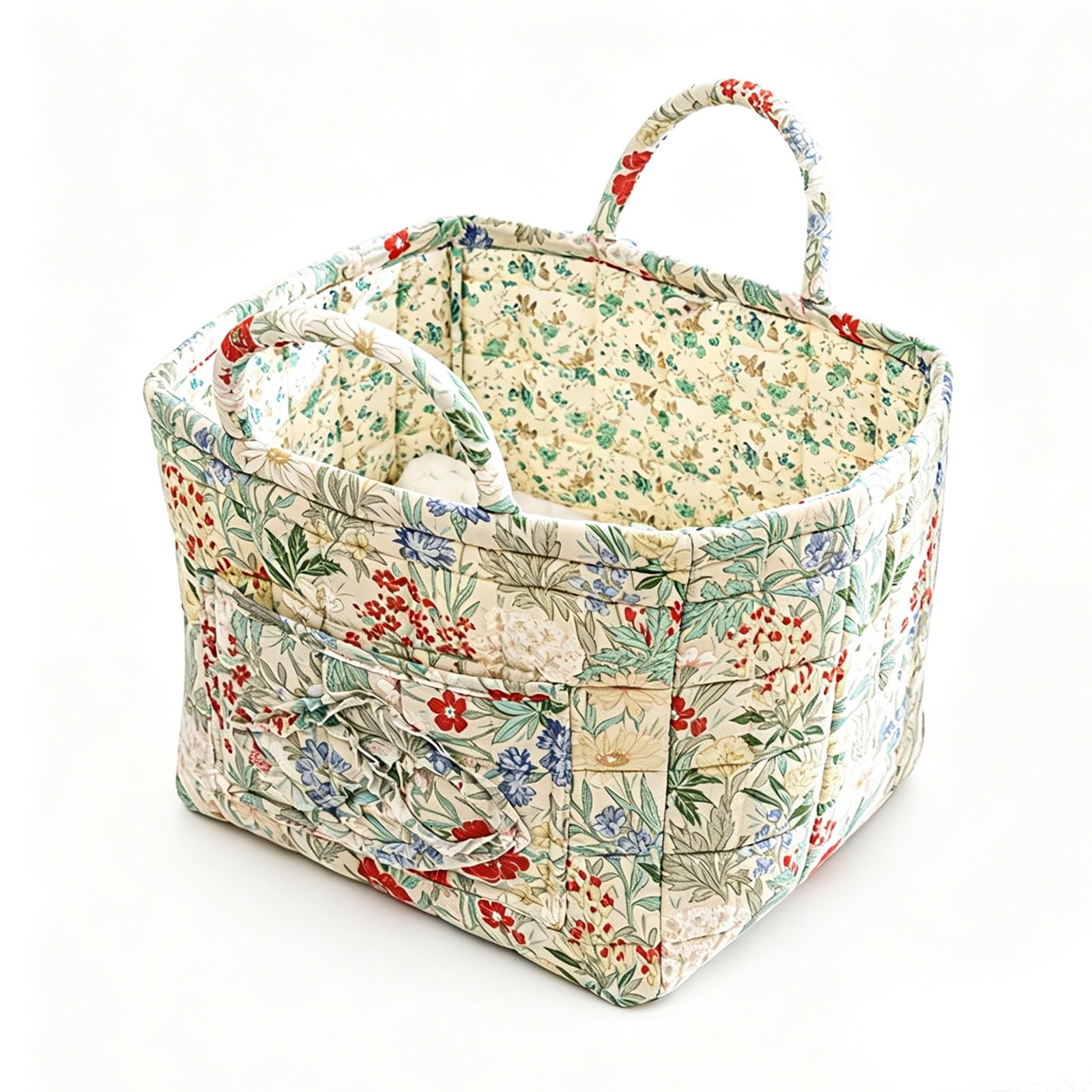 Quilted Floral Fabric Storage Basket with Front Pocket & Reinforced Handles, 23L Large Capacity Foldable Decorative Organizer Bin for Bedroom Closet Clothes Sundries(12)