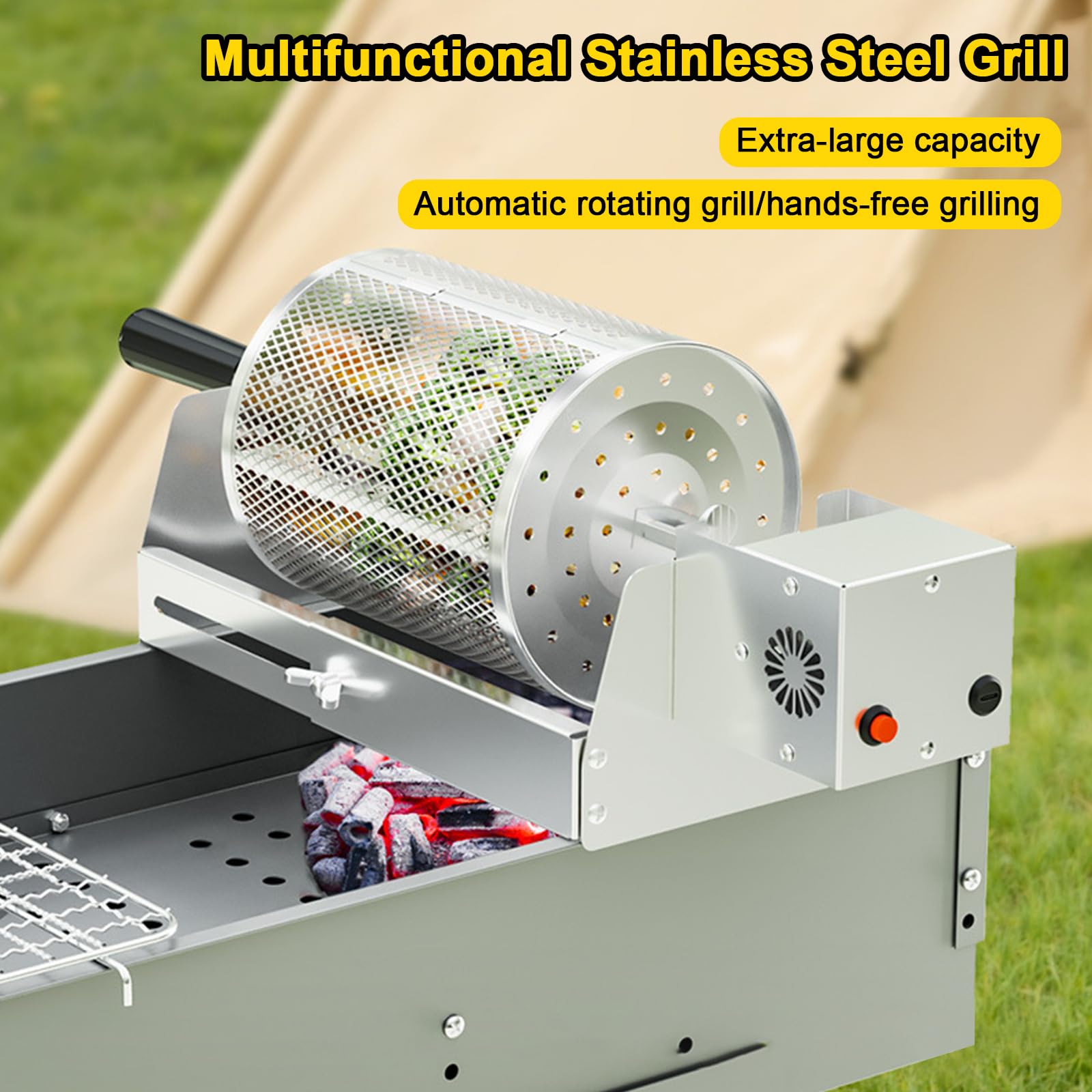 Nikou Cestino per Barbecue Girevole Grill, Girarrosto in Acciaio Inox, Rotisserie Automatico Rotante Grill Basket BBQ Kebab Macchina per Verdure, Arachidi, Noci