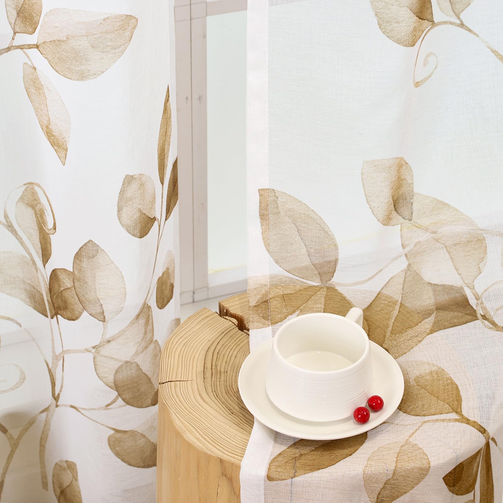 L.Z.E Gardine Taupe Braun für Erker Fenster, Transparenter Vorhang Sand Weiß mit Ösen Kurz, Durchsichtige Gardinen Vorhänge für Wohnzimmer Schlafzimmer 2er Set Blätter Muster Ösenschals, 175 cmm Länge