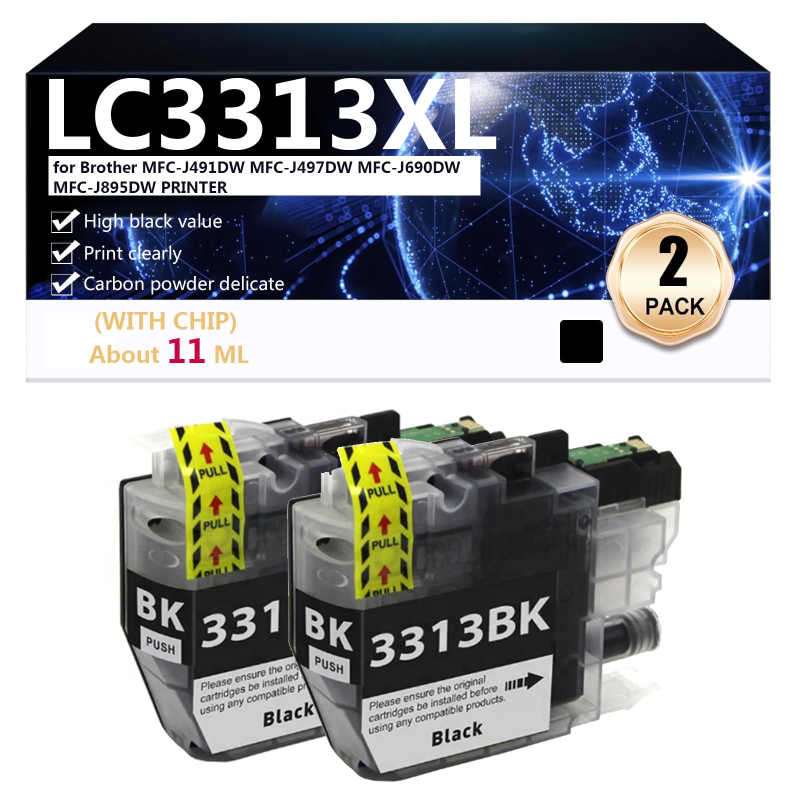 LC3313XL Cartucho de Tinta de Alto Rendimiento Compatible con Chip para Brother MFC-J491DW MFC-J497DW MFC-J690DW MFC-J895DW Impresora, Impresión Clara,2*Black