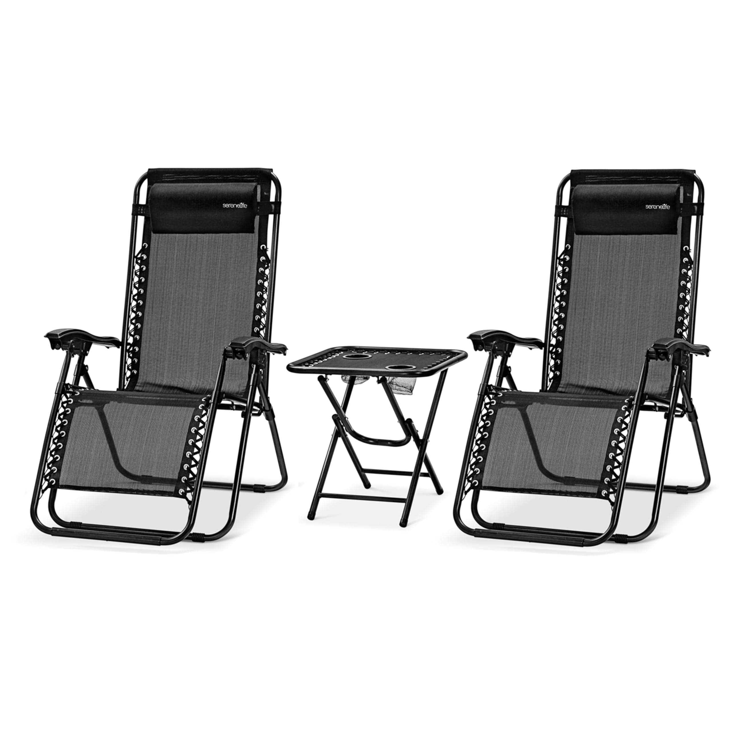 SereneLife Set de 2 Chaises Pliantes - Chaise Longue Réglable pour Extérieur avec Table Latérale, Porte-Gobelets, Oreillers Amovibles - Patio, Jardin, Plage - Noir