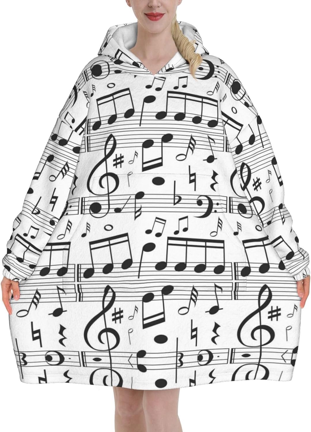 Music Note Print Blanket Hoodie Fleece Sweatshirt Blanket With Sleeves And Pockets