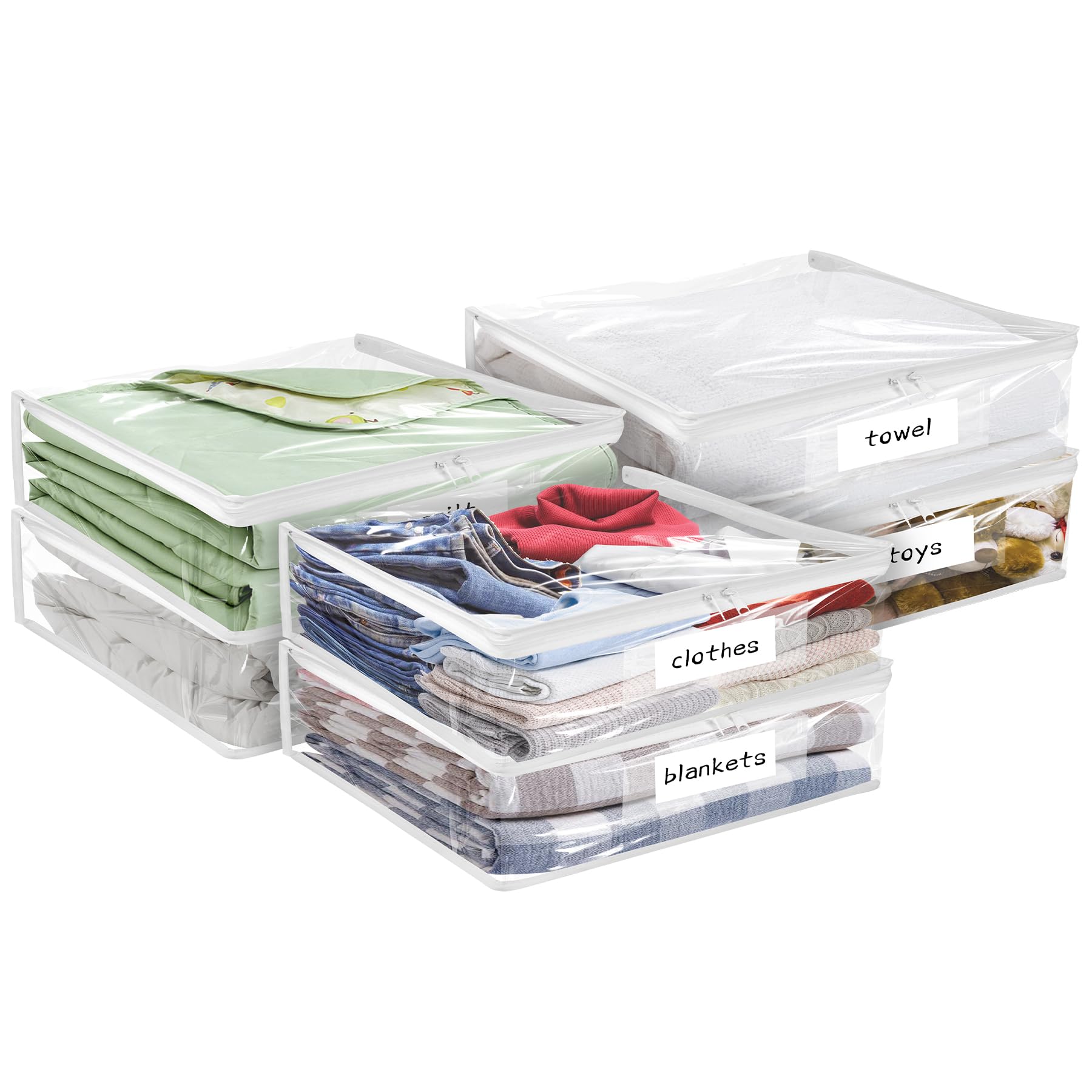Plastic Storage Bags with Easy-Glide Zipper, Pack of 6, Durable Clear Vinyl Zippered Storage Bags for Clothes Sweaters Comforters Blankets Sheets Bedding (15.7 x 13.8 x 2.5 Inch, White)