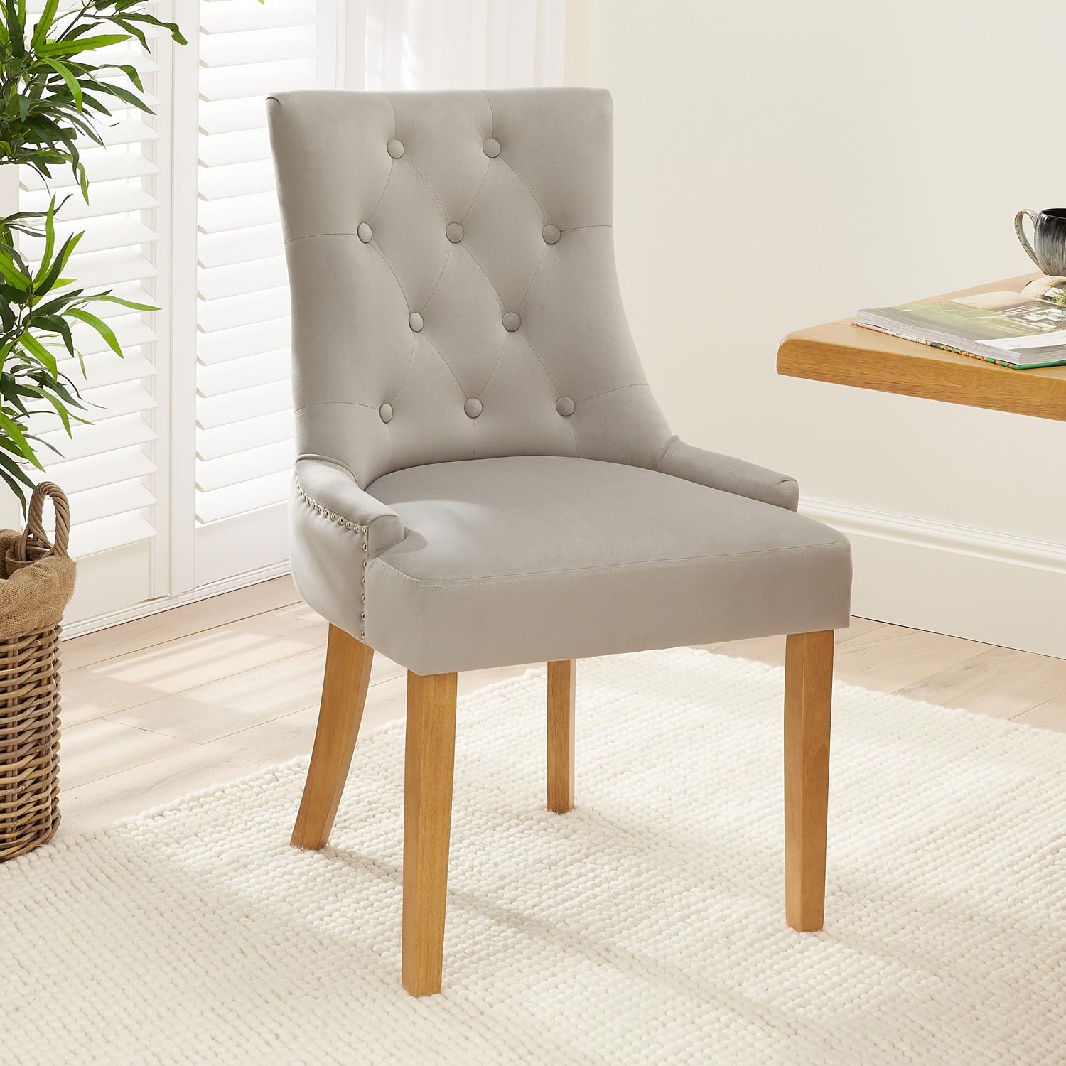 The Furniture Market Luxury Light Grey Velvet Scoop Back Dining Chair | Button Quilted Upholstery | Stud Detailing | Sprung & Webbed Seat | H 920 x W 560 x D 610mm