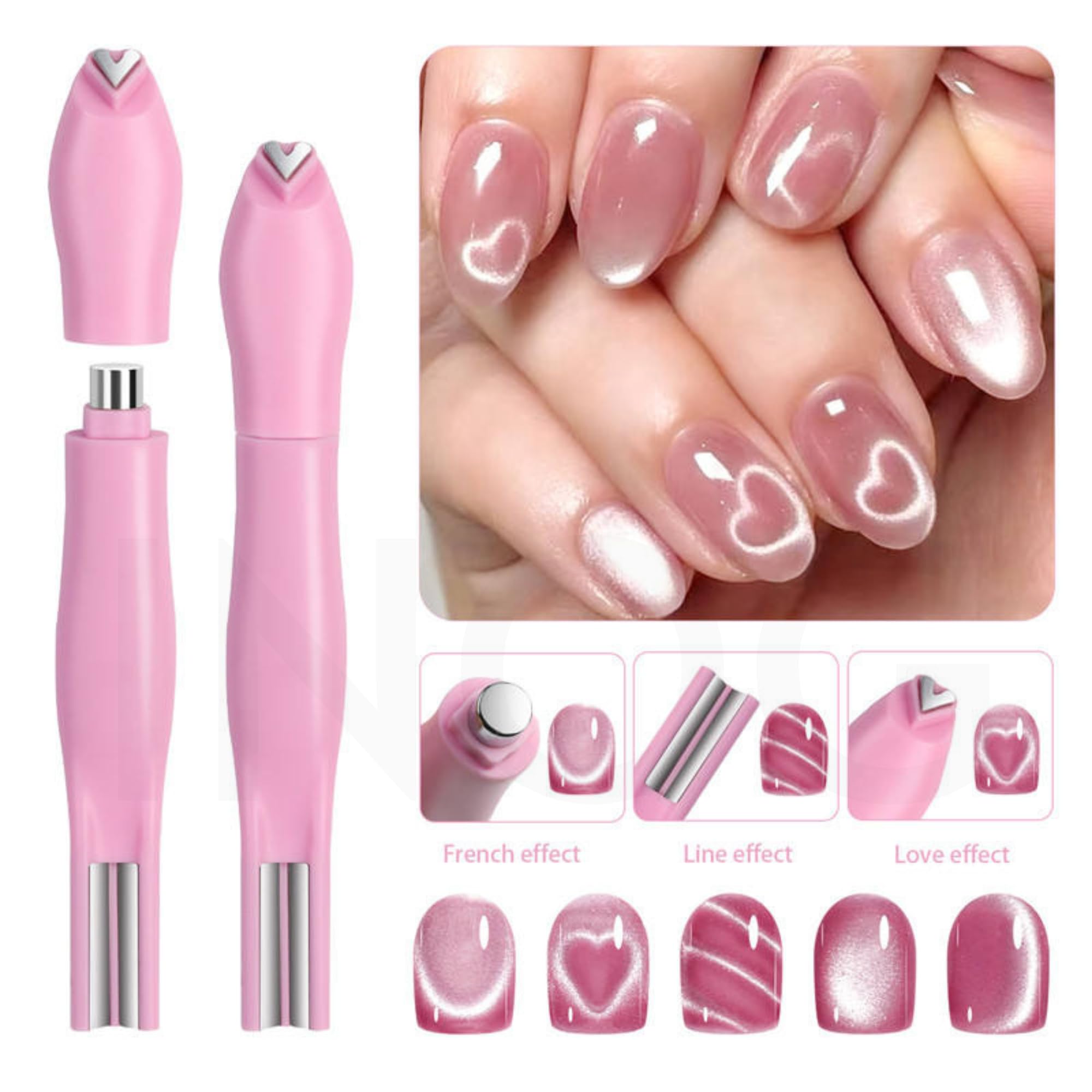 Nail Magnet Tool,Super Long Double-head Nail Magnet Pens Magnet Stick 3D Magnetic Cat Eye Gel Polish Nail Art, for DIY 3d Magnetic, Salon, Studio or Home (3 IN1 PINK) 3