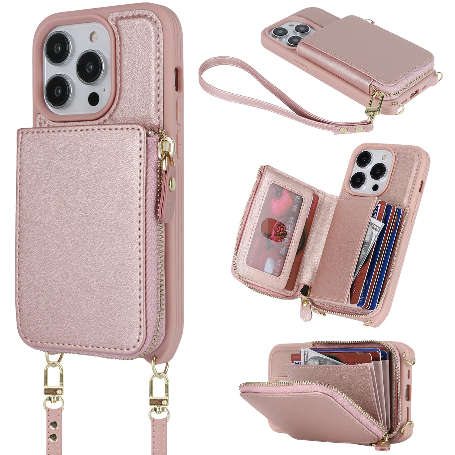 Hamany Crossbody Phone Case for iPhone 13 Pro Case with Strap for Women iPhone 13 Pro Wallet Case with Card Holder Flip Folio Leather Zipper Cover with Credit Holder-Rose Gold