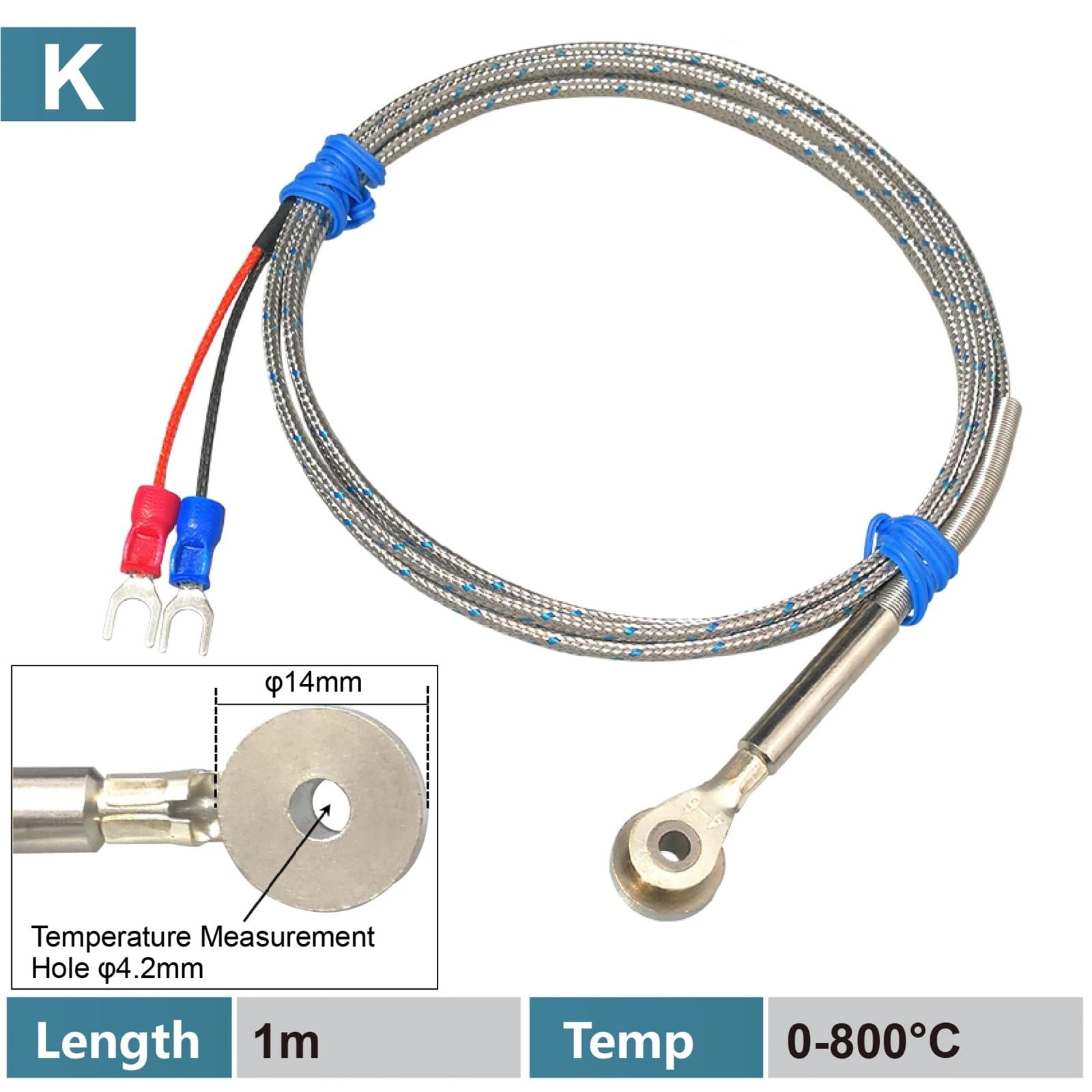 Sonda de termopar Tipo botón Tipo K/J Sensor de Temperatura del Molde de 0-800 °C con Cable de blindaje Trenzado de Acero Inoxidable(K-1M)
