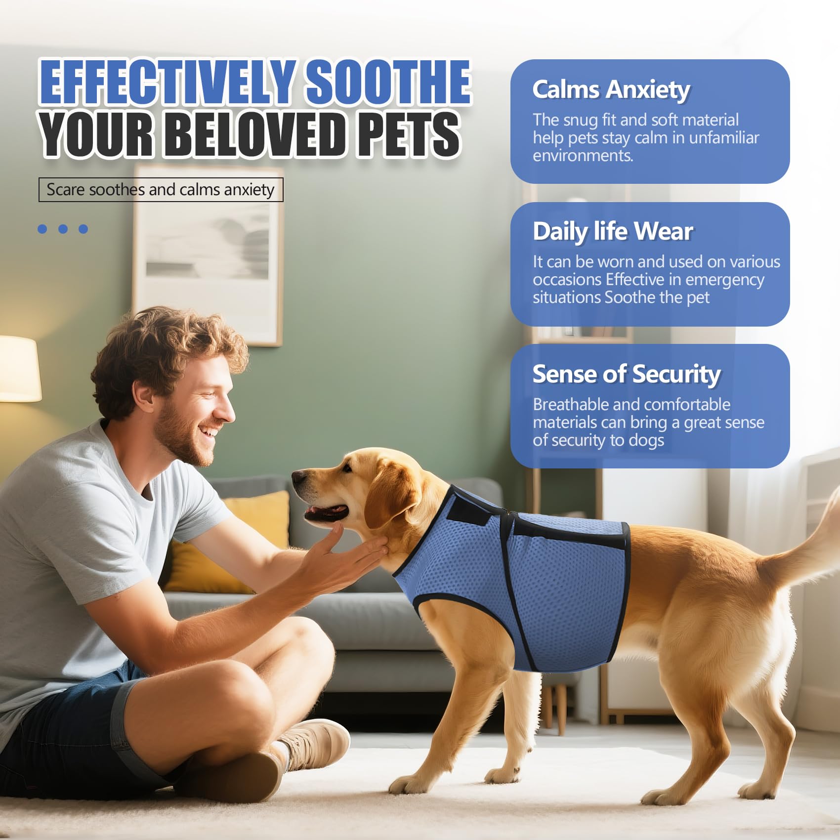 Gilet calmante per cani, per alleviare l'ansia, per cani, comodo e regolabile, morbida pressione, per Thunder, viaggi e fuochi d'artificio (blu, L)